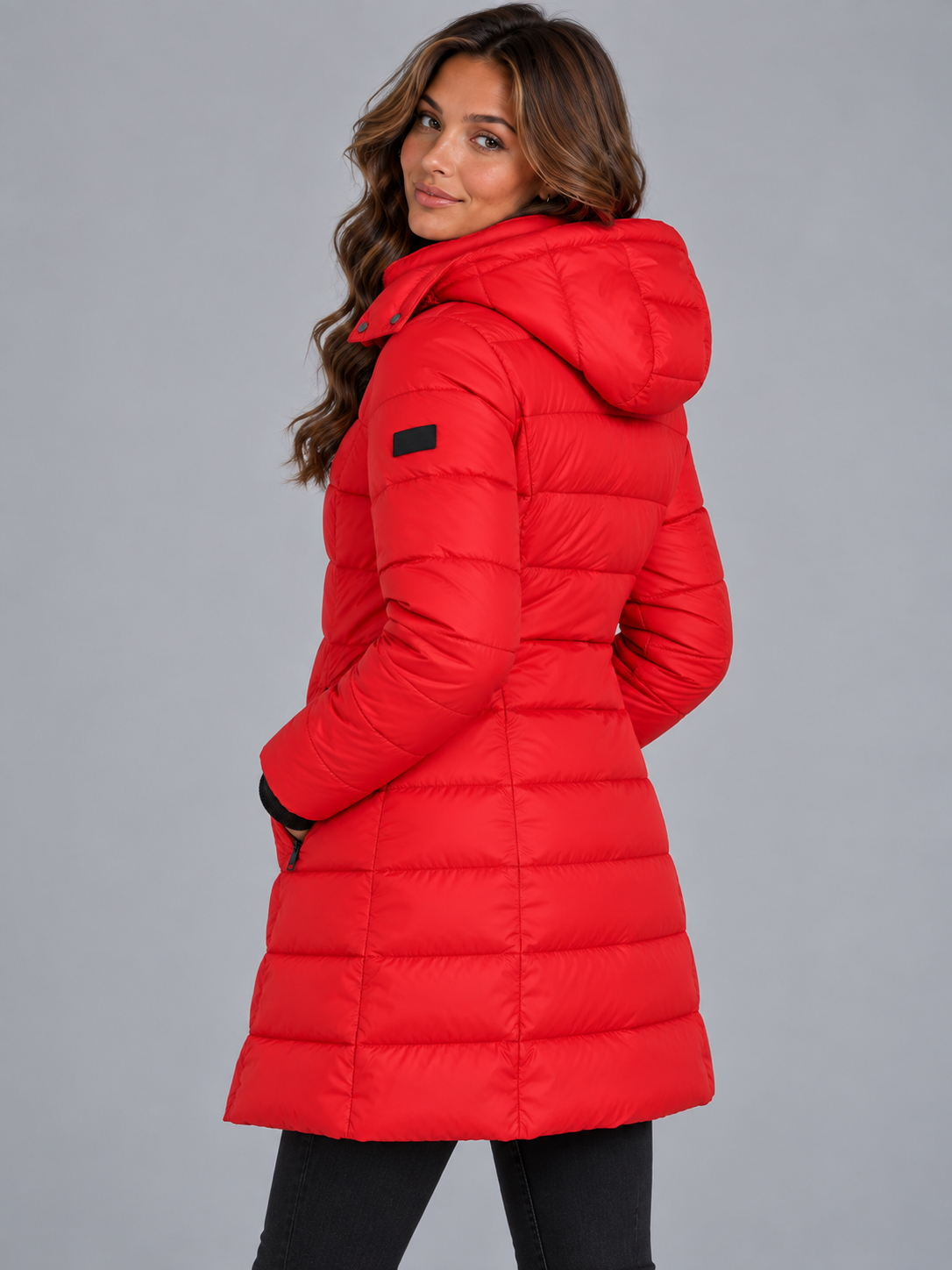 Amelia | Women’s Longline Hooded Puffer Coat | Front Zip Side Zip Pockets Everyday Wear - red, image 18 - Glorysoul