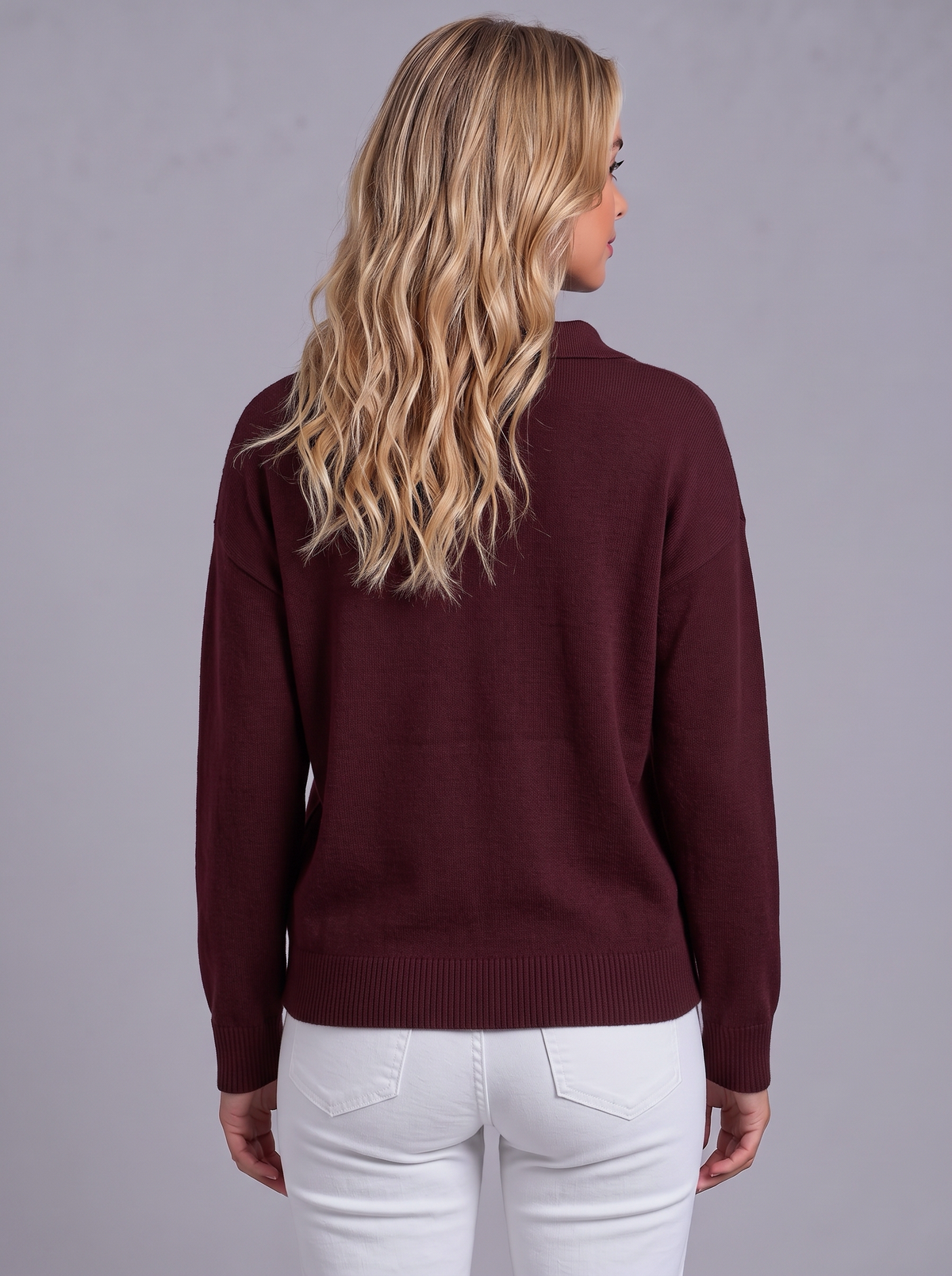 Ava | Women’s Polo Collar Jumper | Button Neck Ribbed Cuffs Everyday Wear - dark red, image 27 - Glorysoul