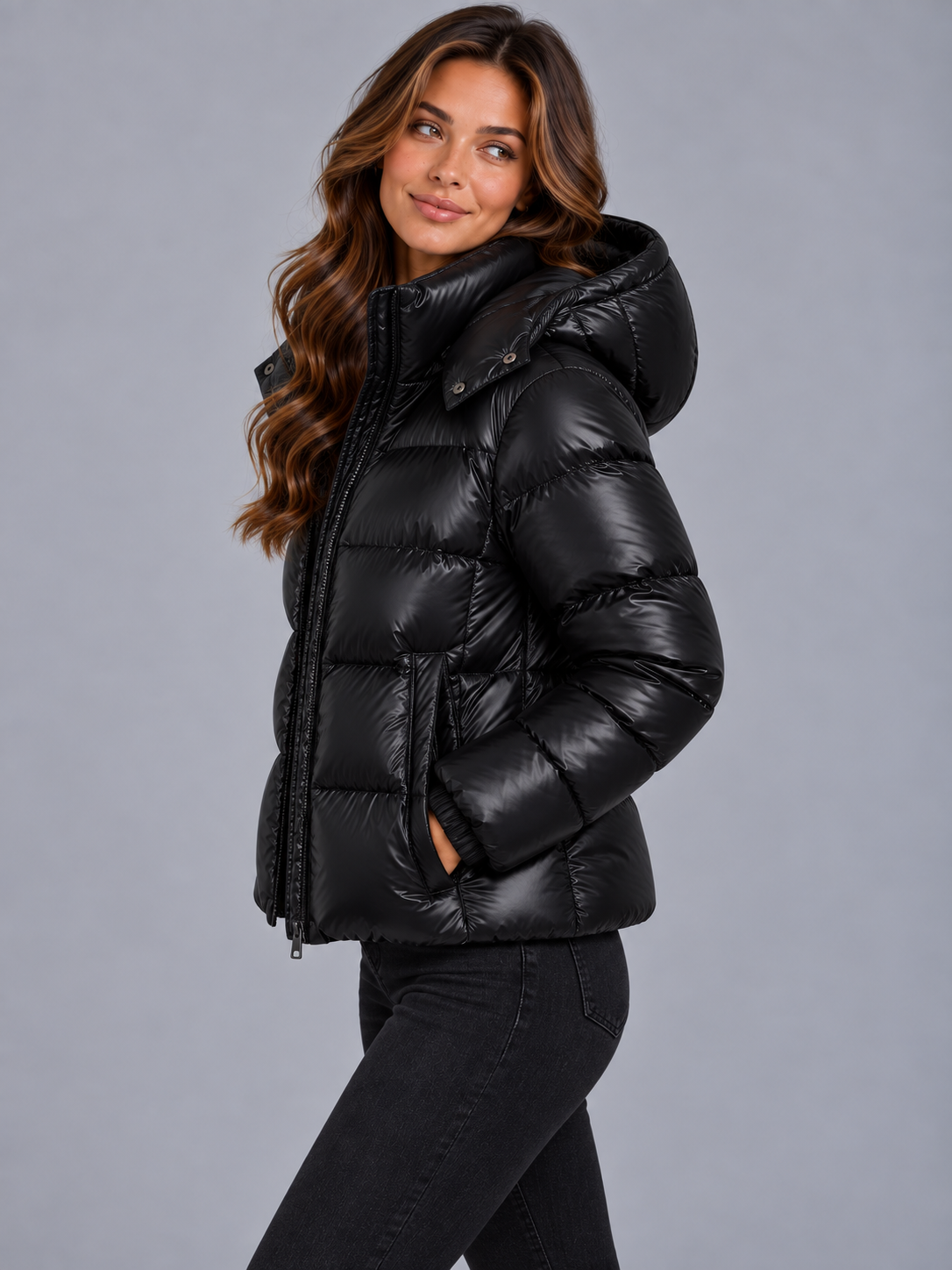 Charlotte | Women’s Hooded Puffer Jacket | Front Zip Horizontal Quilting Everyday Wear - black, image 06 - Glorysoul