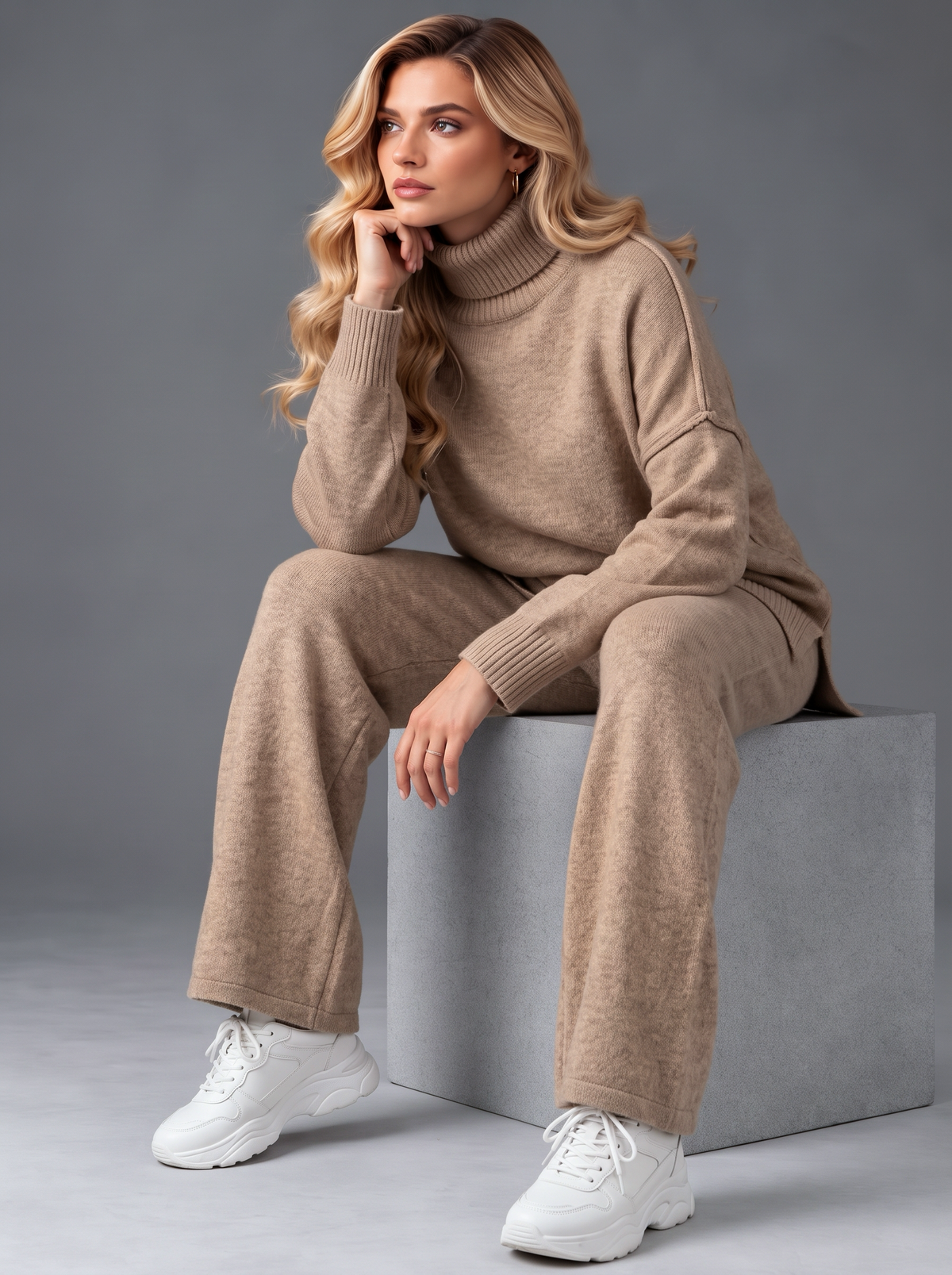 Emily | Women’s Roll-Neck Trouser Set | High Neck Top Wide-Leg Trousers Everyday Wear - beige, image 03 - Glorysoul