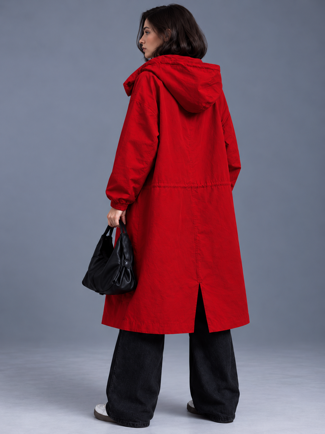 Lily | Women’s Hooded Button-Front Coat | Long Sleeves Side Pockets Everyday Wear - red, model view, image 32 - Glorysoul