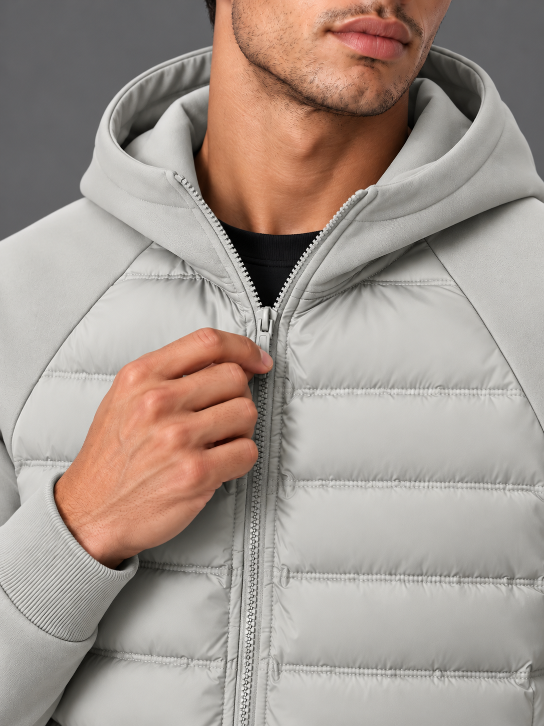 Oliver | Men’s Hooded Puffer Jacket | Front Zip Contrast Sleeves Everyday Wear - grey, image 08 - Glorysoul