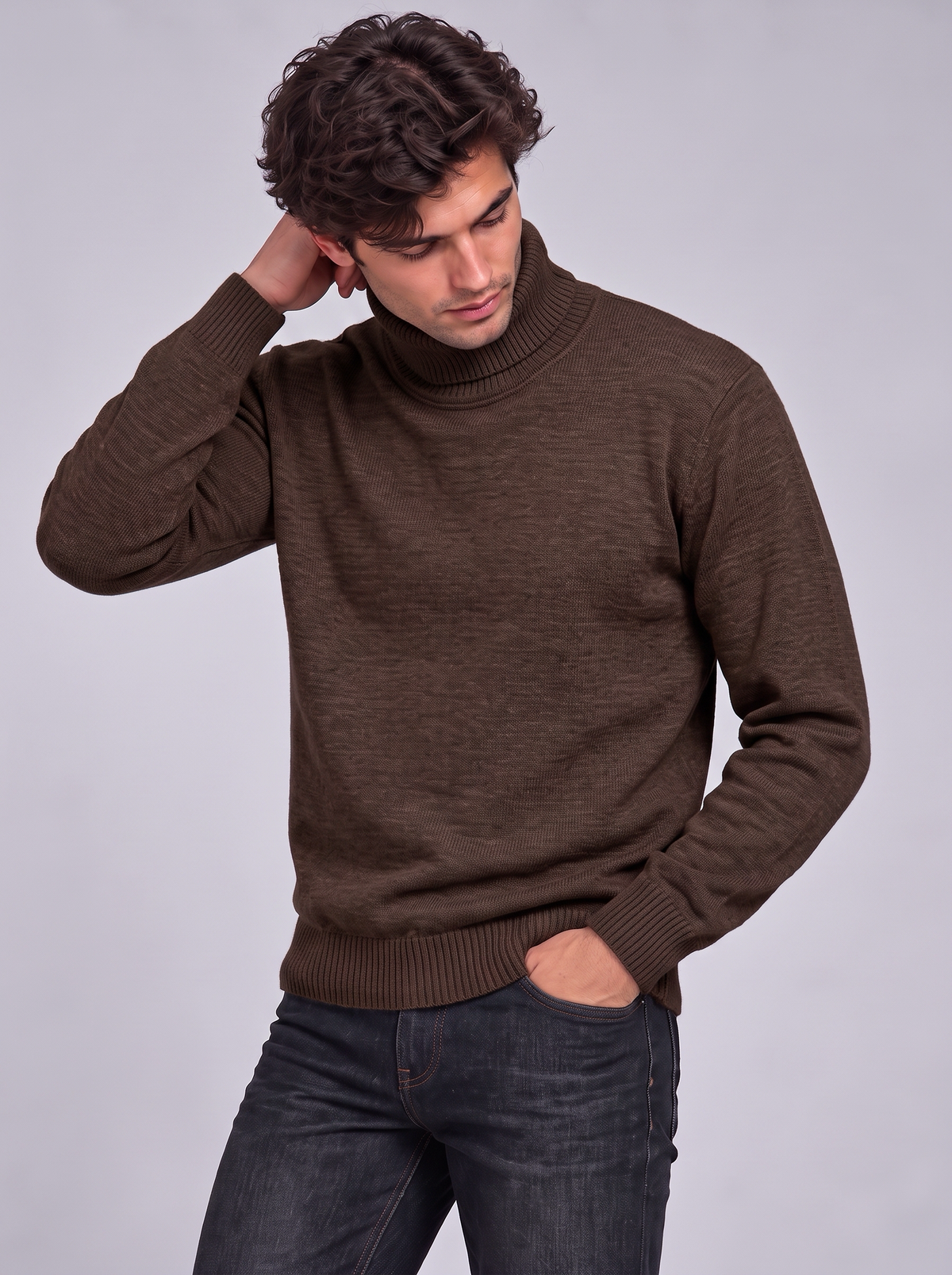 Oscar | Men’s Roll-Neck Jumper | Long Sleeves Ribbed Cuffs Everyday Wear - brown, image 24 - Glorysoul