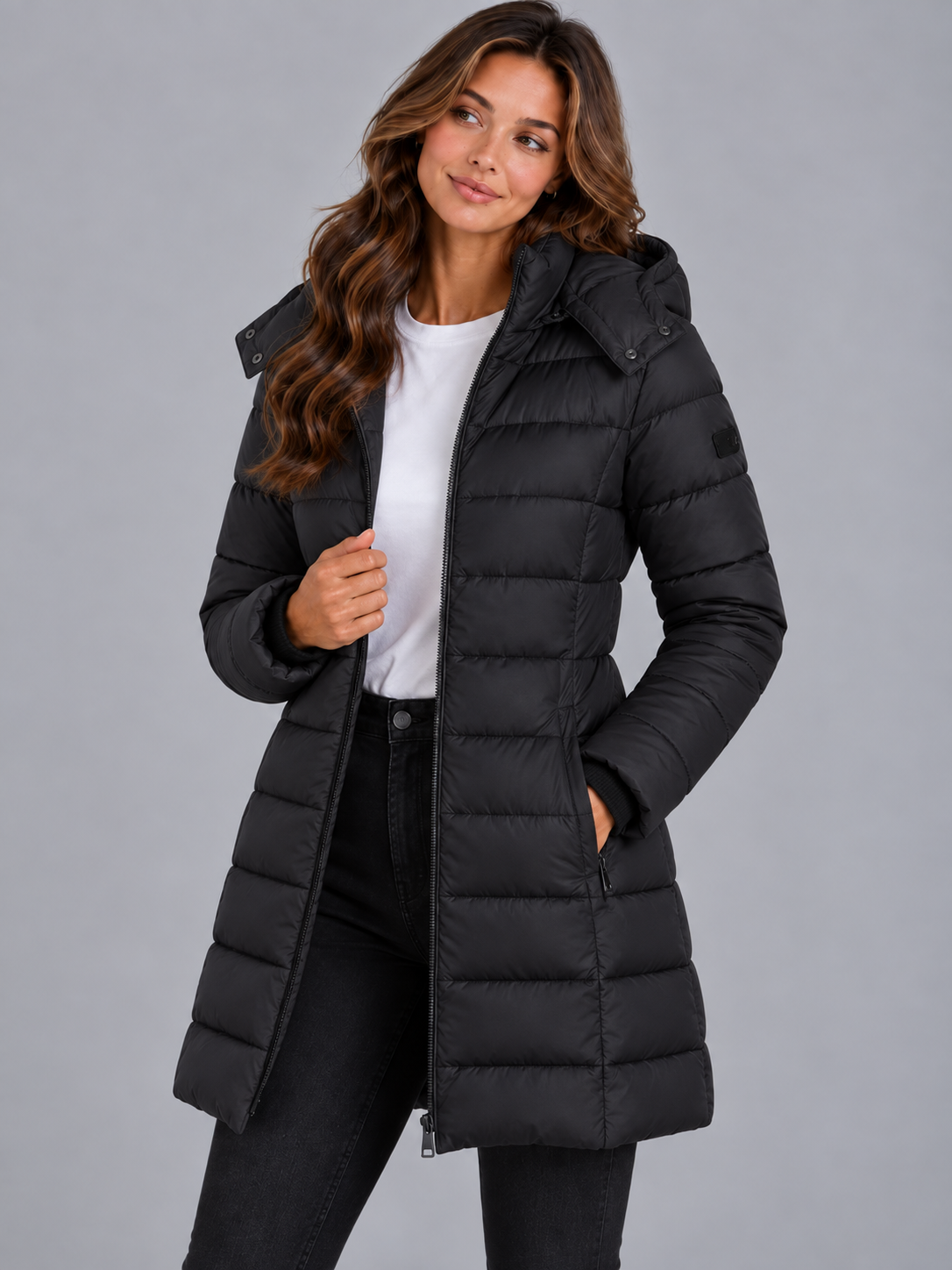 Amelia | Women’s Longline Hooded Puffer Coat | Front Zip Side Zip Pockets Everyday Wear - black, image 04 - Glorysoul