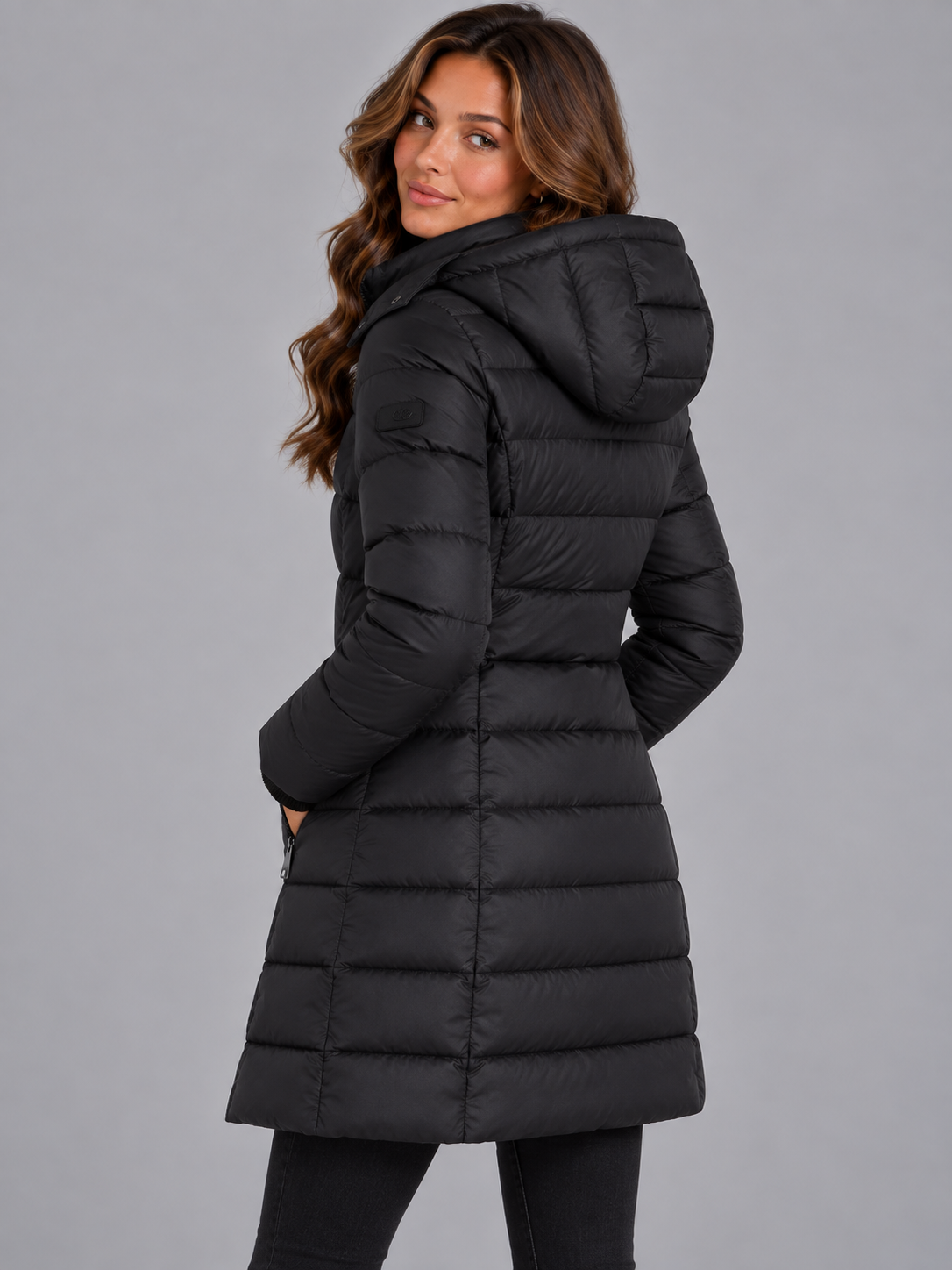 Amelia | Women’s Longline Hooded Puffer Coat | Front Zip Side Zip Pockets Everyday Wear - black, image 05 - Glorysoul