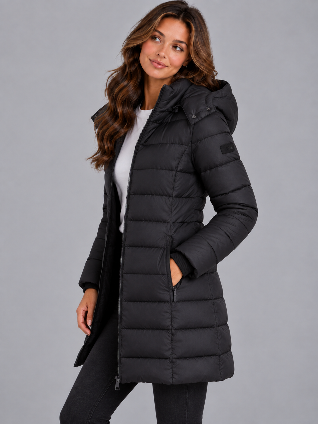 Amelia | Women’s Longline Hooded Puffer Coat | Front Zip Side Zip Pockets Everyday Wear - black, image 06 - Glorysoul