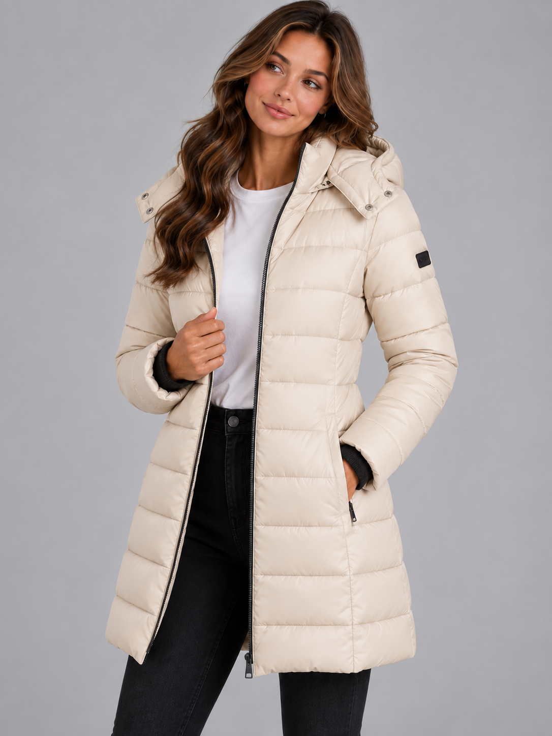 Amelia | Women’s Longline Hooded Puffer Coat | Front Zip Side Zip Pockets Everyday Wear - cream, image 07 - Glorysoul