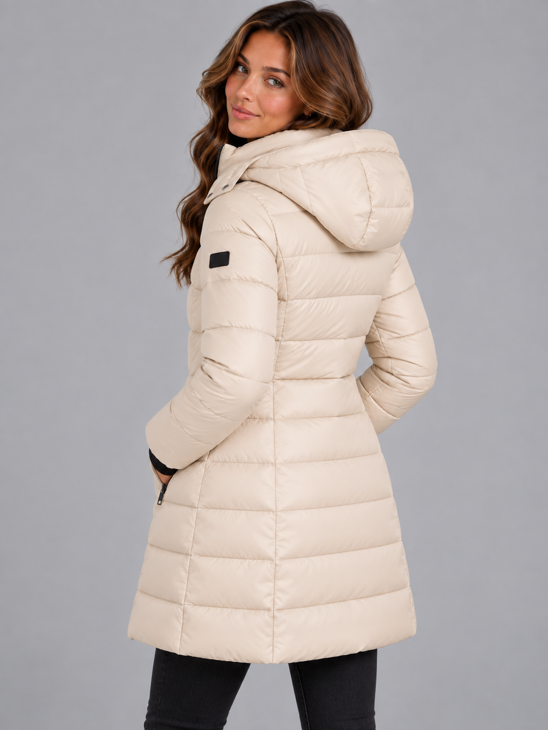 Amelia | Women’s Longline Hooded Puffer Coat | Front Zip Side Zip Pockets Everyday Wear - cream, image 08 - Glorysoul