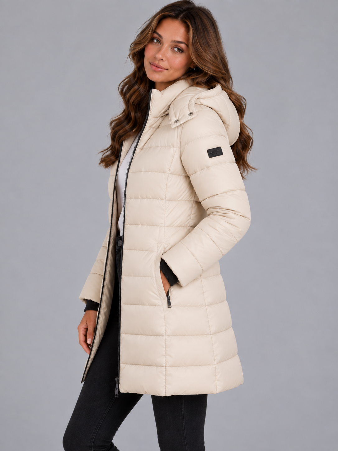 Amelia | Women’s Longline Hooded Puffer Coat | Front Zip Side Zip Pockets Everyday Wear - cream, image 09 - Glorysoul