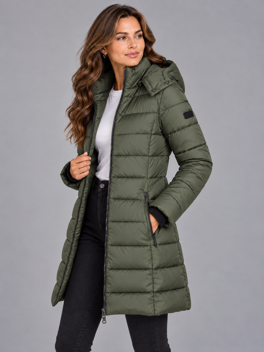 Amelia | Women’s Longline Hooded Puffer Coat | Front Zip Side Zip Pockets Everyday Wear - green, image 10 - Glorysoul