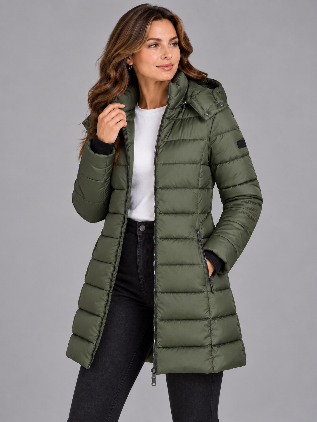 Amelia | Women’s Longline Hooded Puffer Coat | Front Zip Side Zip Pockets Everyday Wear - green, image 11 - Glorysoul