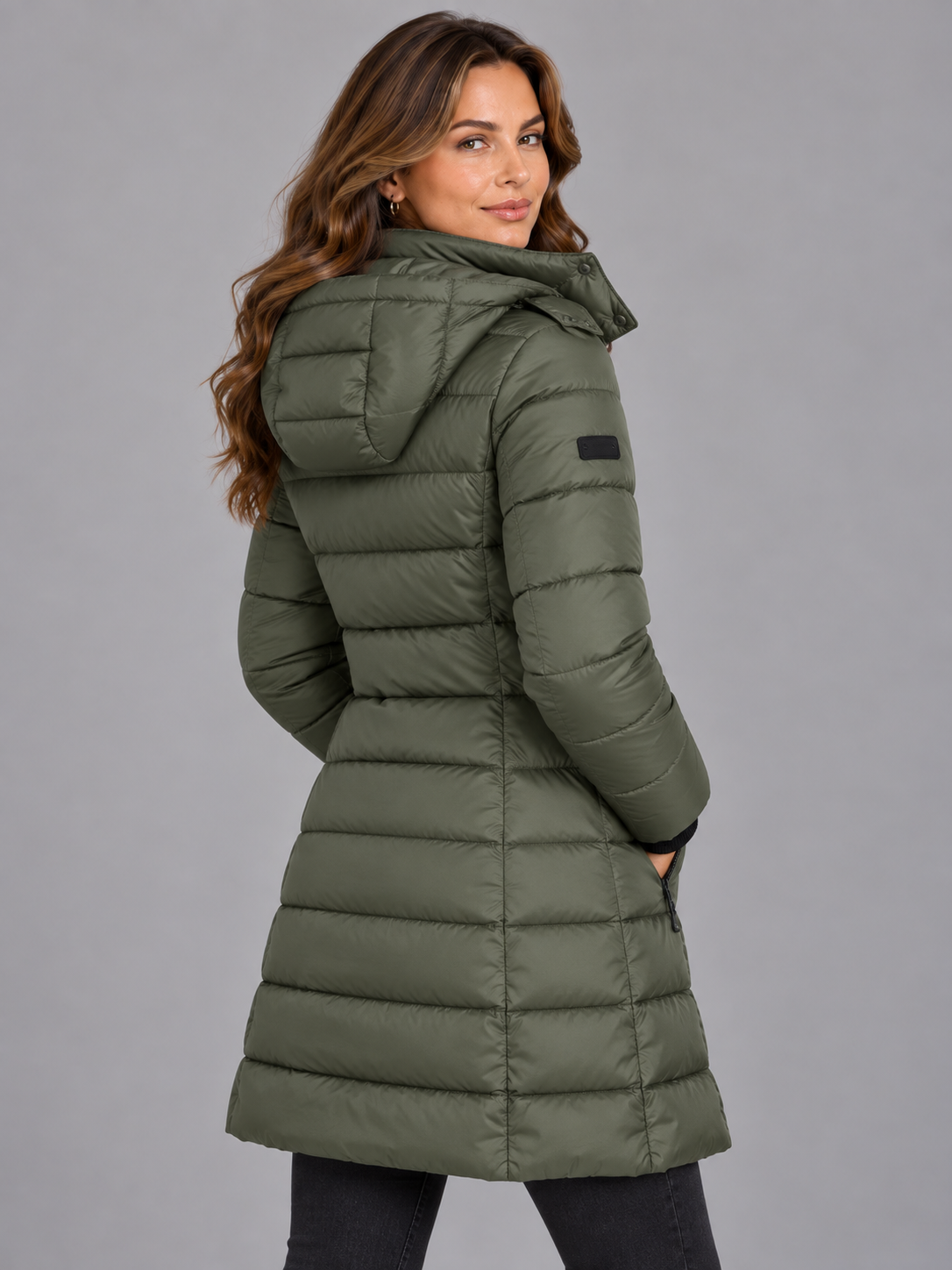 Amelia | Women’s Longline Hooded Puffer Coat | Front Zip Side Zip Pockets Everyday Wear - green, image 12 - Glorysoul