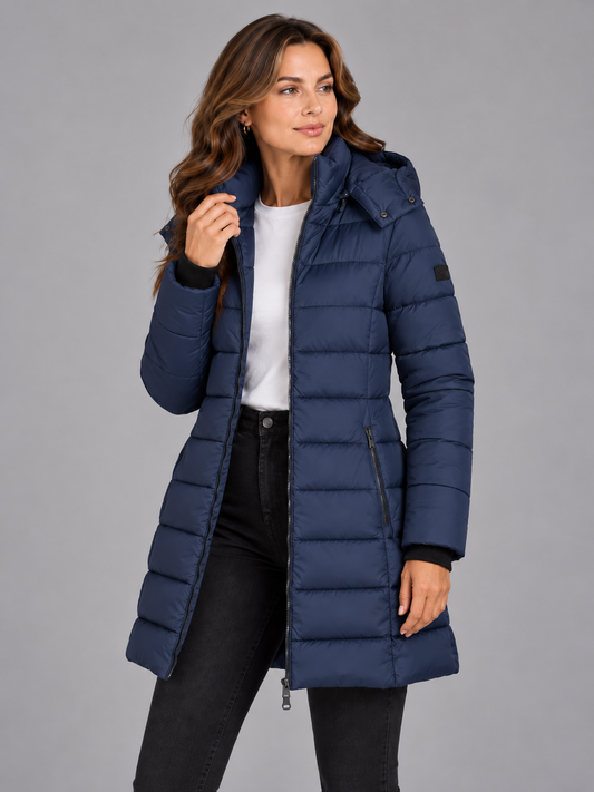 Amelia | Women’s Longline Hooded Puffer Coat | Front Zip Side Zip Pockets Everyday Wear - navy, image 01 - Glorysoul