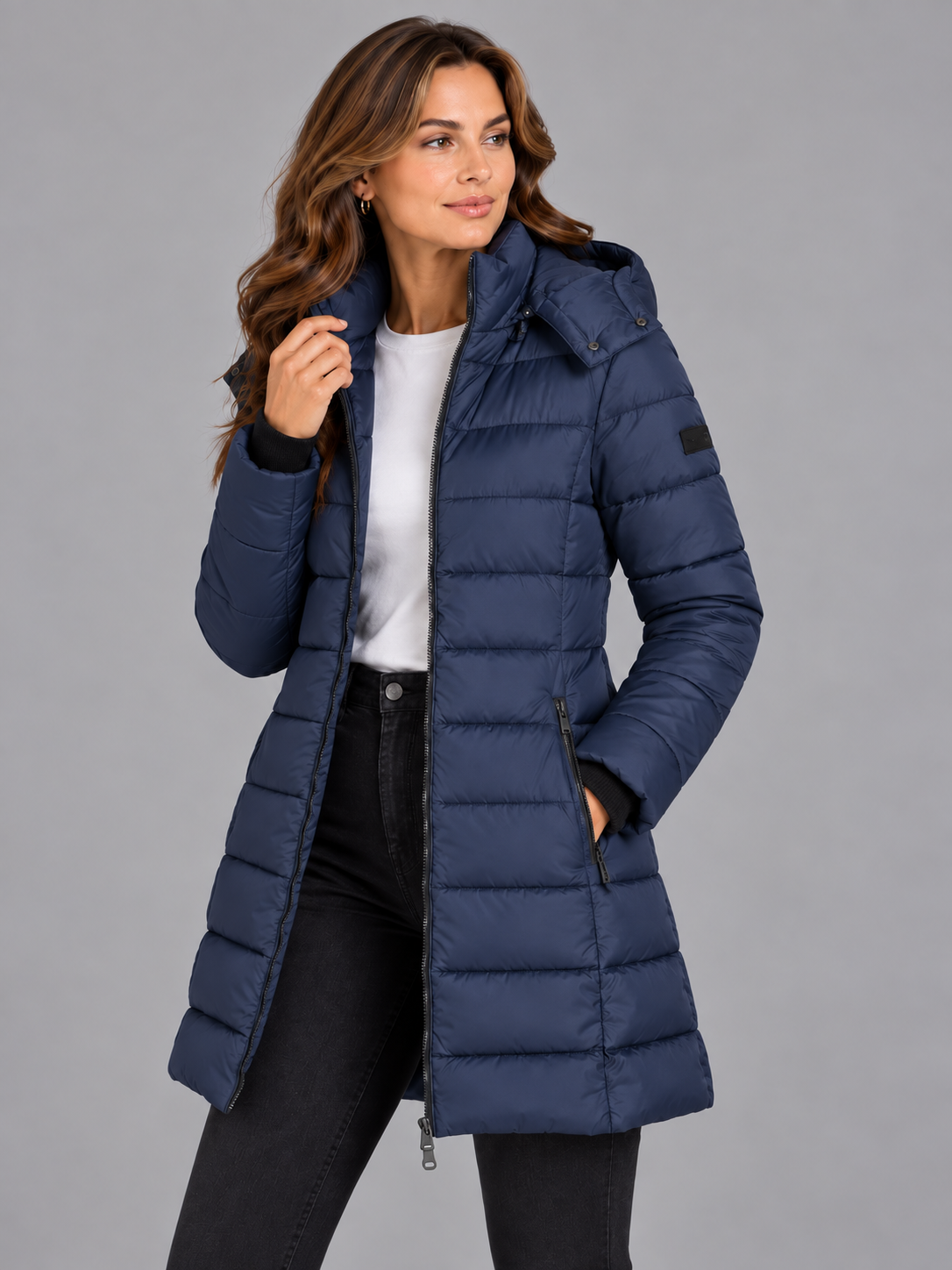 Amelia | Women’s Longline Hooded Puffer Coat | Front Zip Side Zip Pockets Everyday Wear - navy, image 02 - Glorysoul