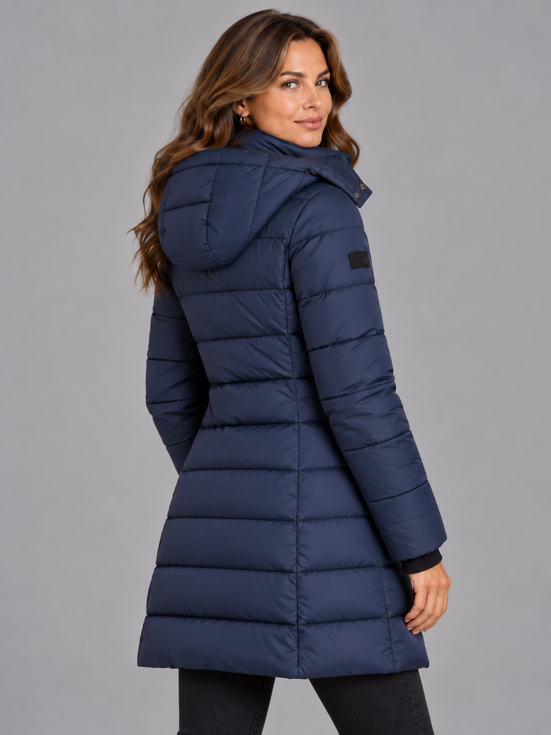 Amelia | Women’s Longline Hooded Puffer Coat | Front Zip Side Zip Pockets Everyday Wear - navy, image 03 - Glorysoul