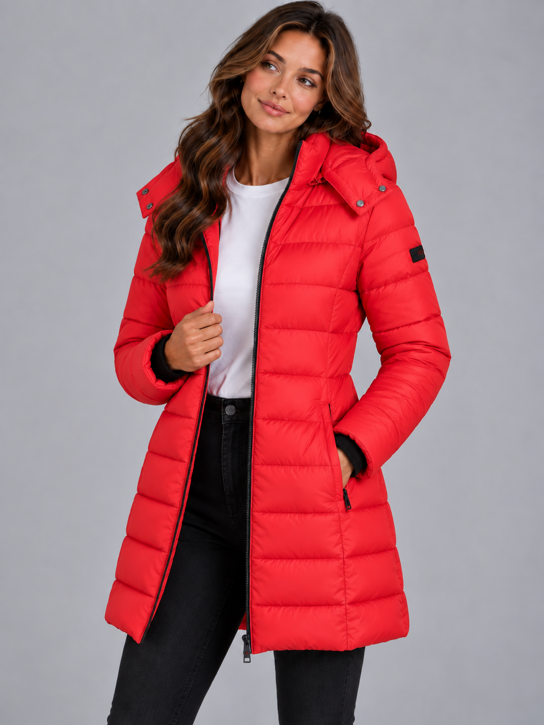 Amelia | Women’s Longline Hooded Puffer Coat | Front Zip Side Zip Pockets Everyday Wear - red, image 16 - Glorysoul
