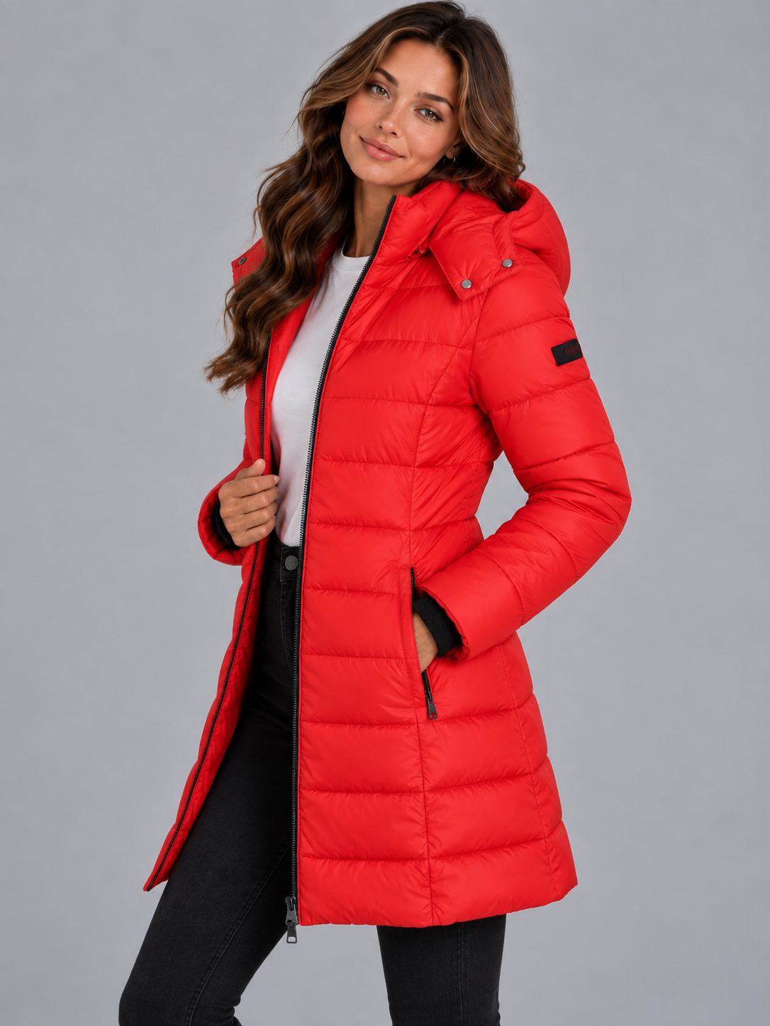 Amelia | Women’s Longline Hooded Puffer Coat | Front Zip Side Zip Pockets Everyday Wear - red, image 17 - Glorysoul