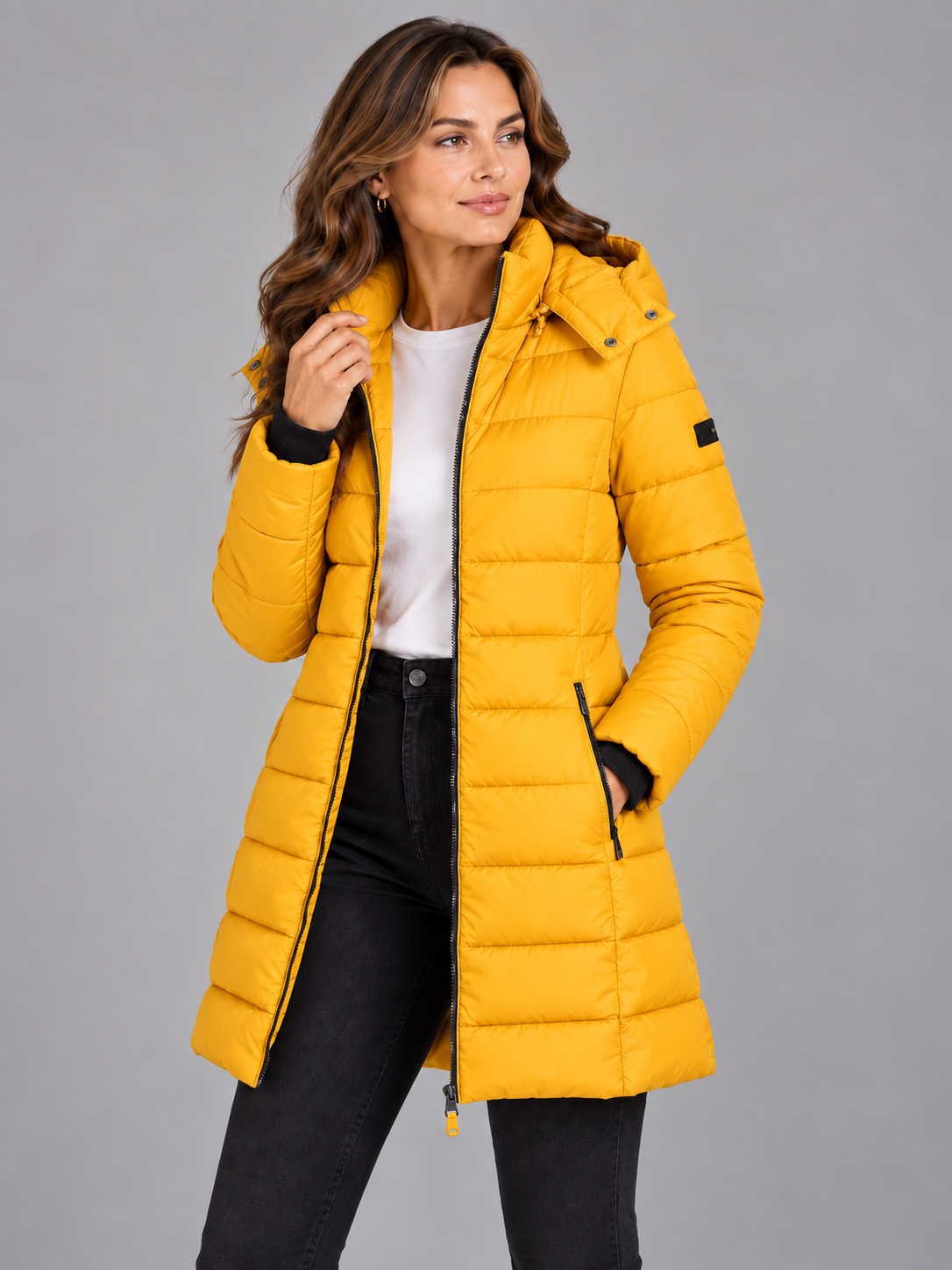 Amelia | Women’s Longline Hooded Puffer Coat | Front Zip Side Zip Pockets Everyday Wear - yellow, image 13 - Glorysoul