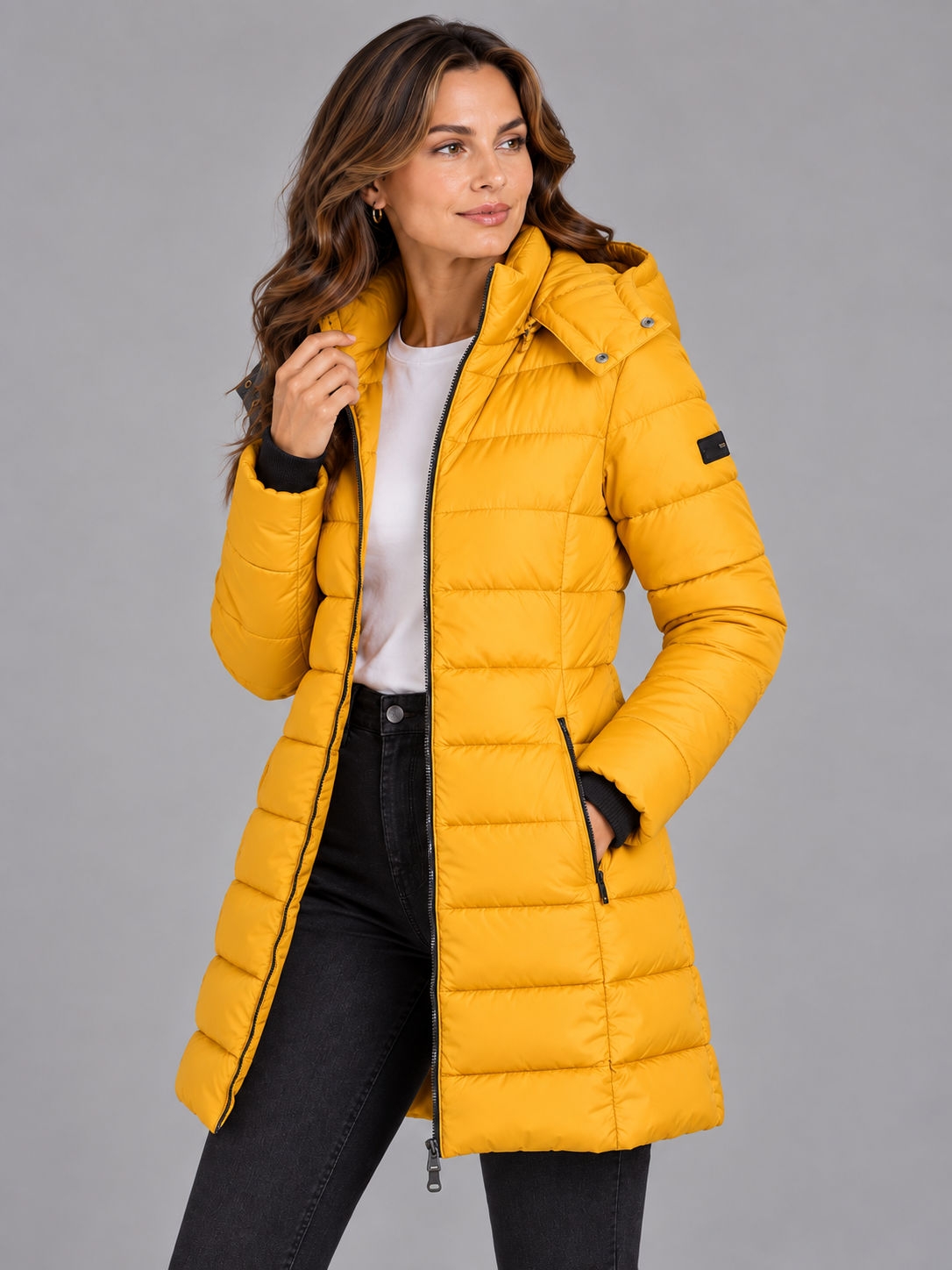 Amelia | Women’s Longline Hooded Puffer Coat | Front Zip Side Zip Pockets Everyday Wear - yellow, image 14 - Glorysoul