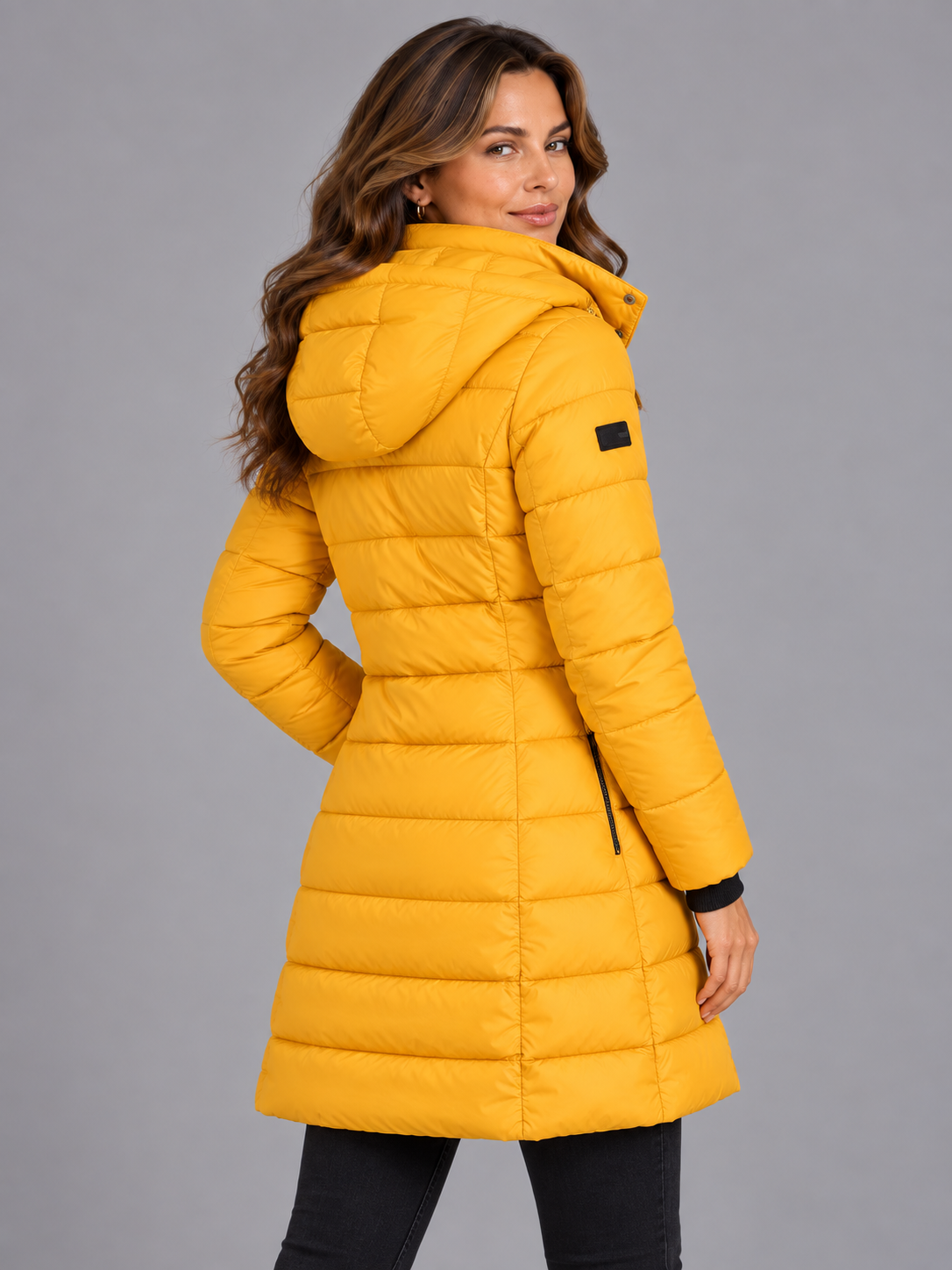 Amelia | Women’s Longline Hooded Puffer Coat | Front Zip Side Zip Pockets Everyday Wear - yellow, image 15 - Glorysoul