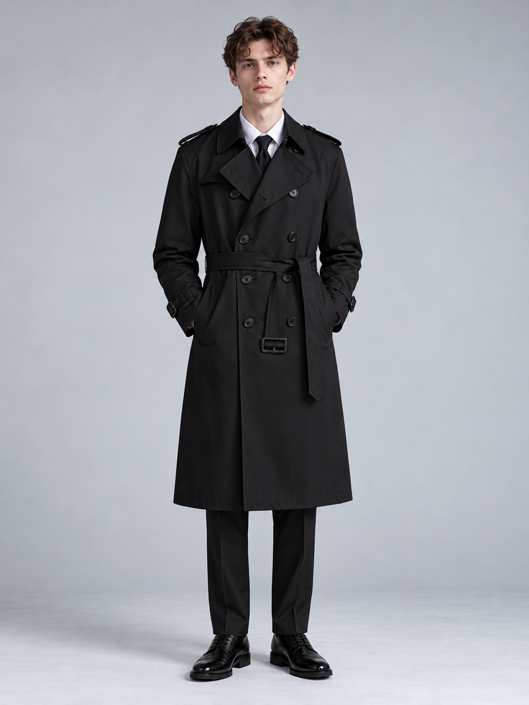 Arthur | Men’s Double-Breasted Trench Coat | Waist Belt Notched Collar Everyday Wear - black, image 06 - Glorysoul