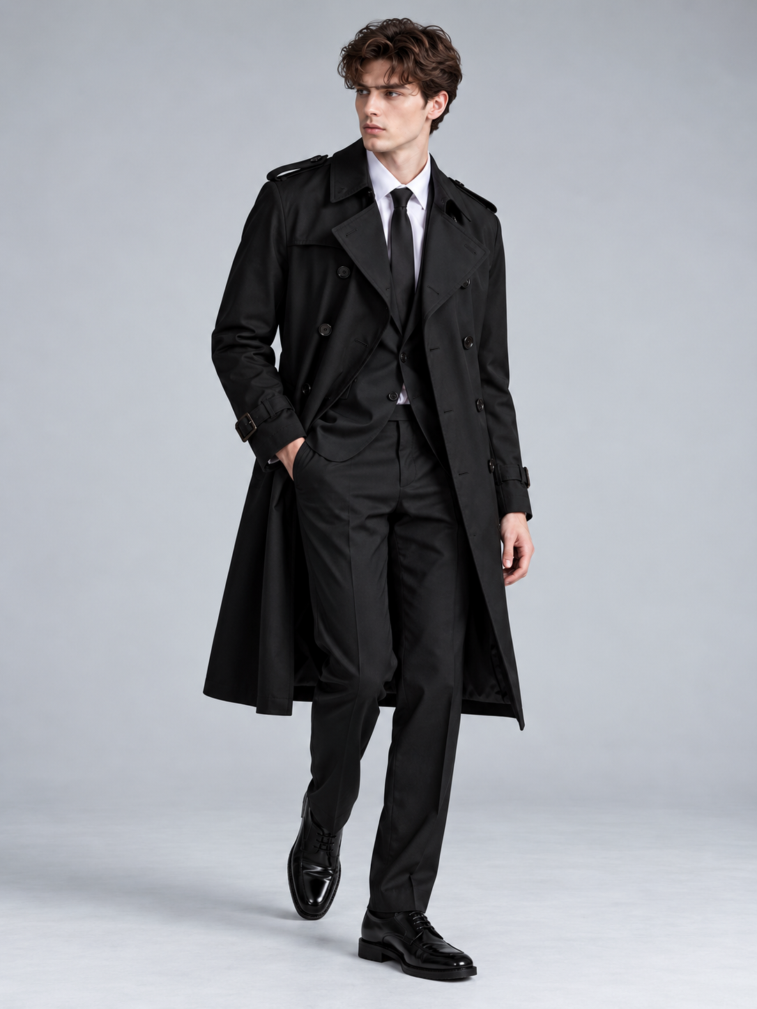 Arthur | Men’s Double-Breasted Trench Coat | Waist Belt Notched Collar Everyday Wear - black, image 08 - Glorysoul
