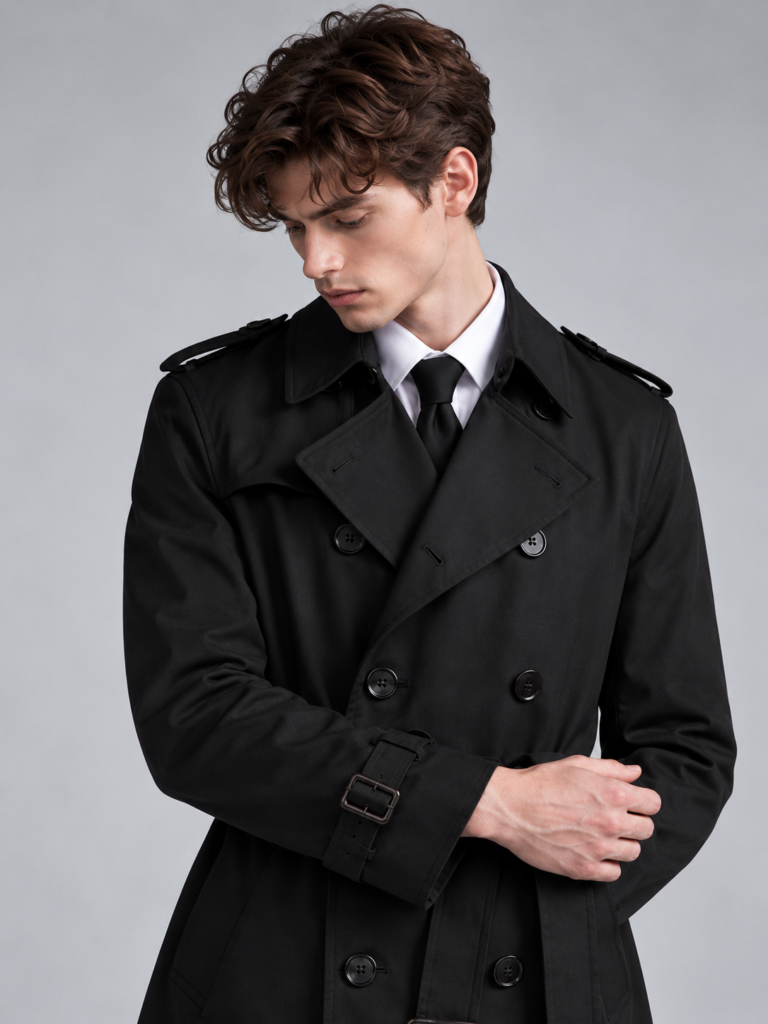 Arthur | Men’s Double-Breasted Trench Coat | Waist Belt Notched Collar Everyday Wear - black, image 09 - Glorysoul