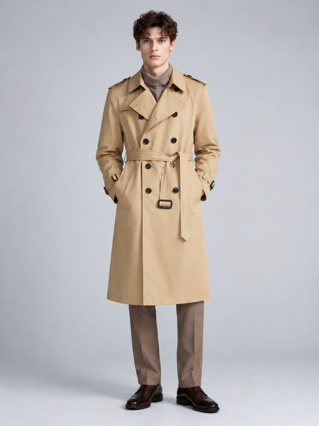 Arthur | Men’s Double-Breasted Trench Coat | Waist Belt Notched Collar Everyday Wear - khaki, image 01 - Glorysoul