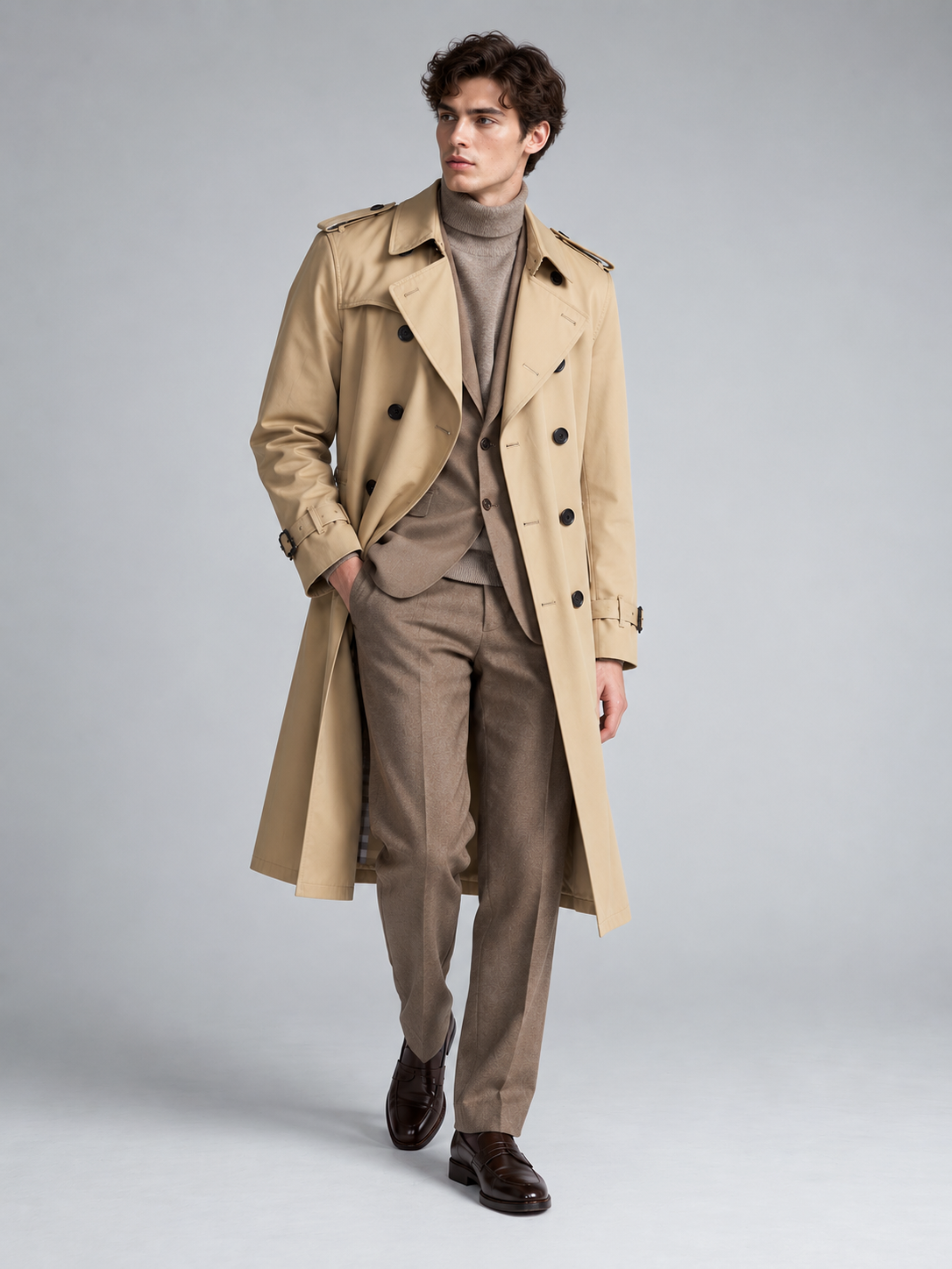 Arthur | Men’s Double-Breasted Trench Coat | Waist Belt Notched Collar Everyday Wear - khaki, image 05 - Glorysoul