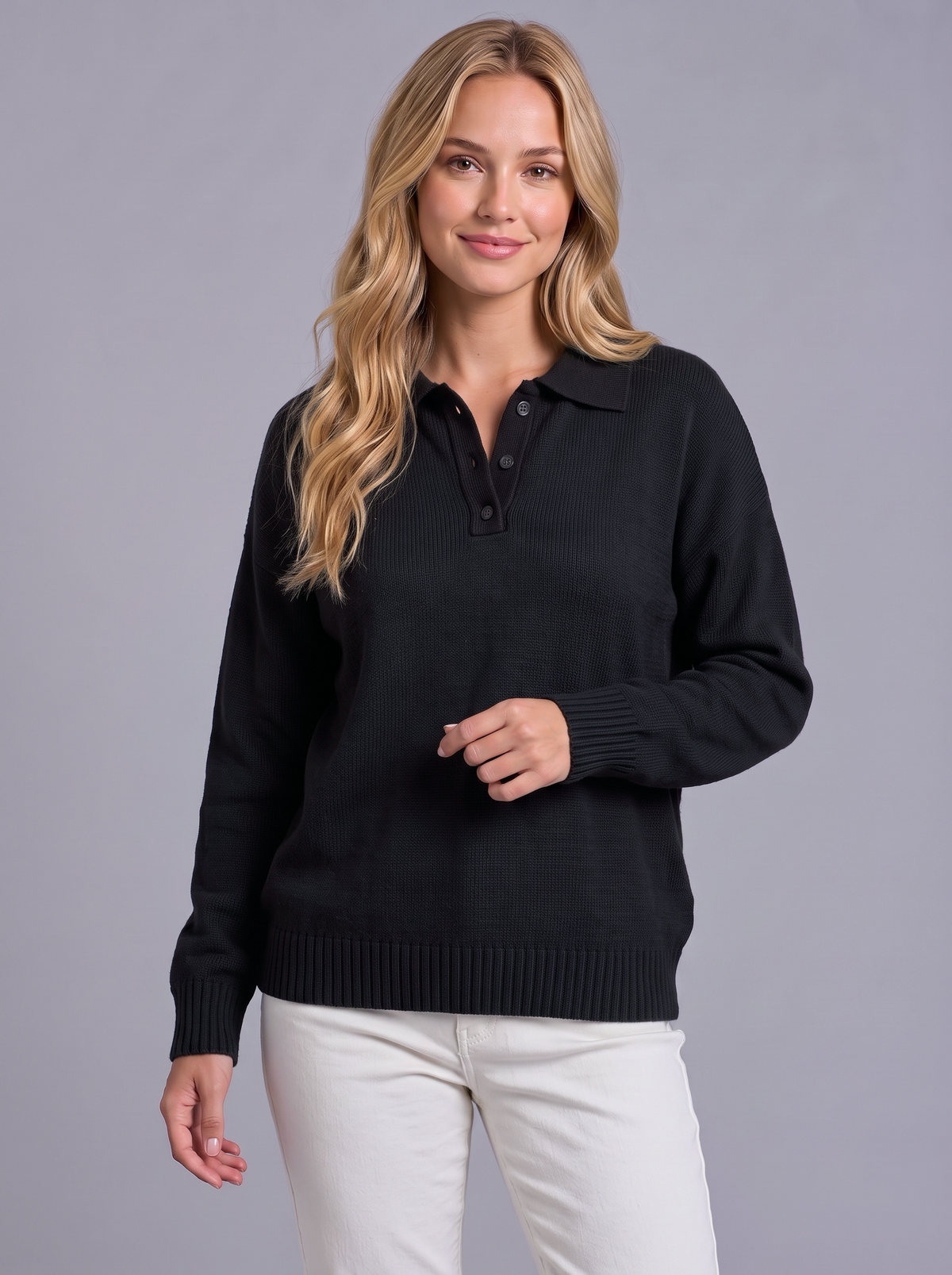Ava | Women’s Polo Collar Jumper | Button Neck Ribbed Cuffs Everyday Wear - black, image 16 - Glorysoul