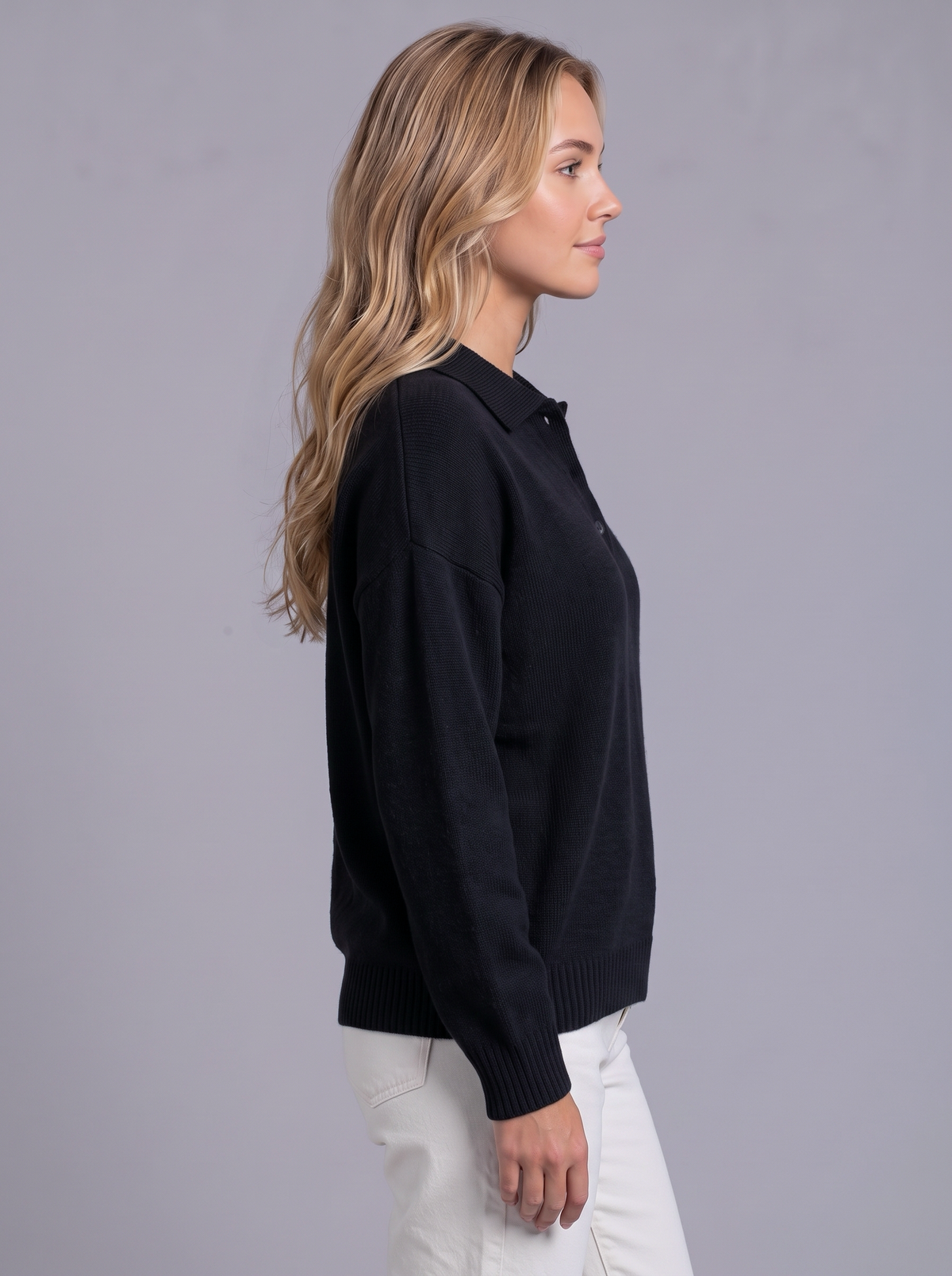Ava | Women’s Polo Collar Jumper | Button Neck Ribbed Cuffs Everyday Wear - black, image 17 - Glorysoul