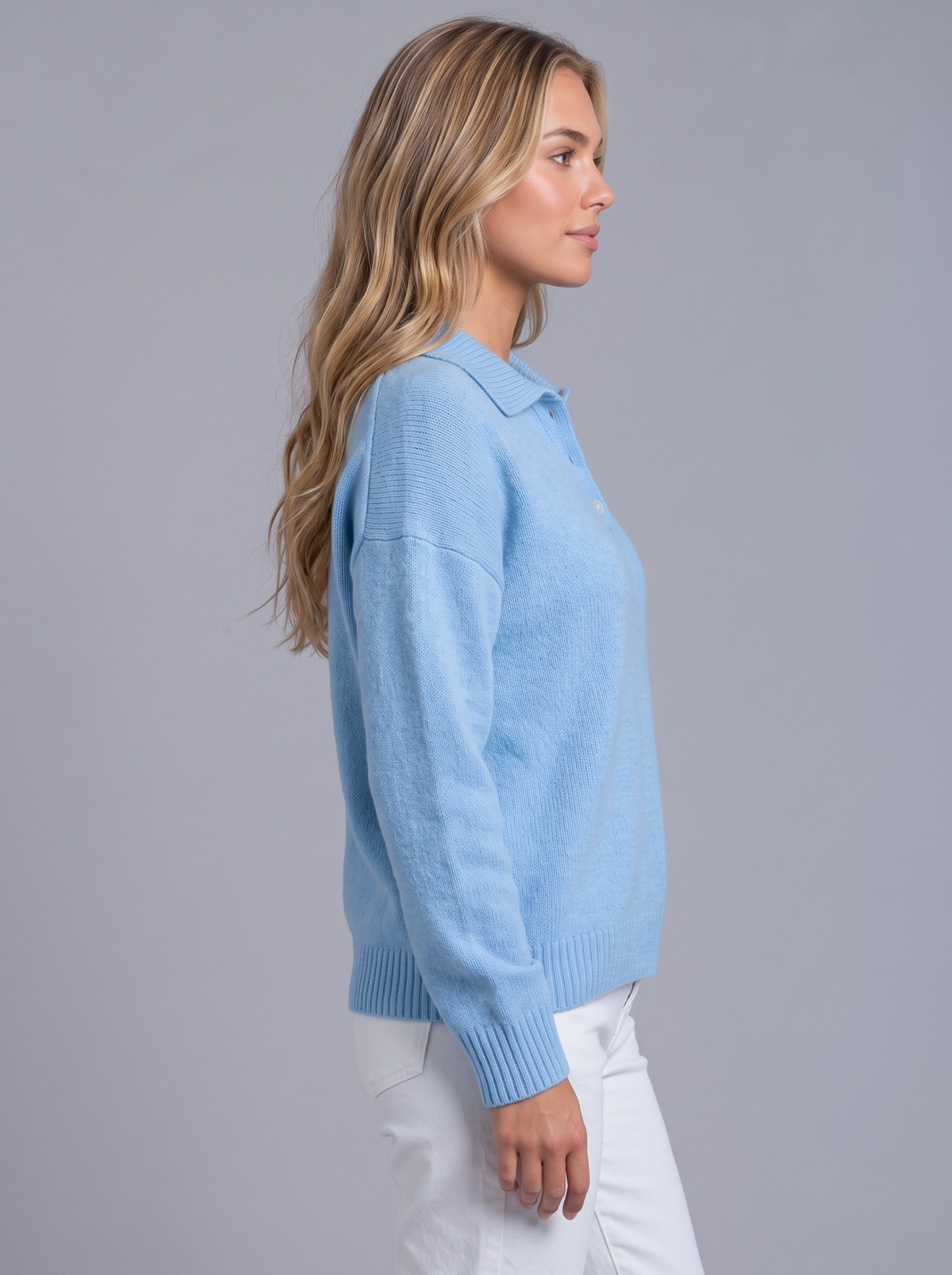 Ava | Women’s Polo Collar Jumper | Button Neck Ribbed Cuffs Everyday Wear - blue, image 02 - Glorysoul