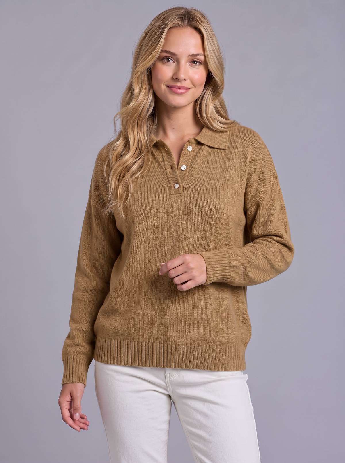 Ava | Women’s Polo Collar Jumper | Button Neck Ribbed Cuffs Everyday Wear - brown, image 10 - Glorysoul