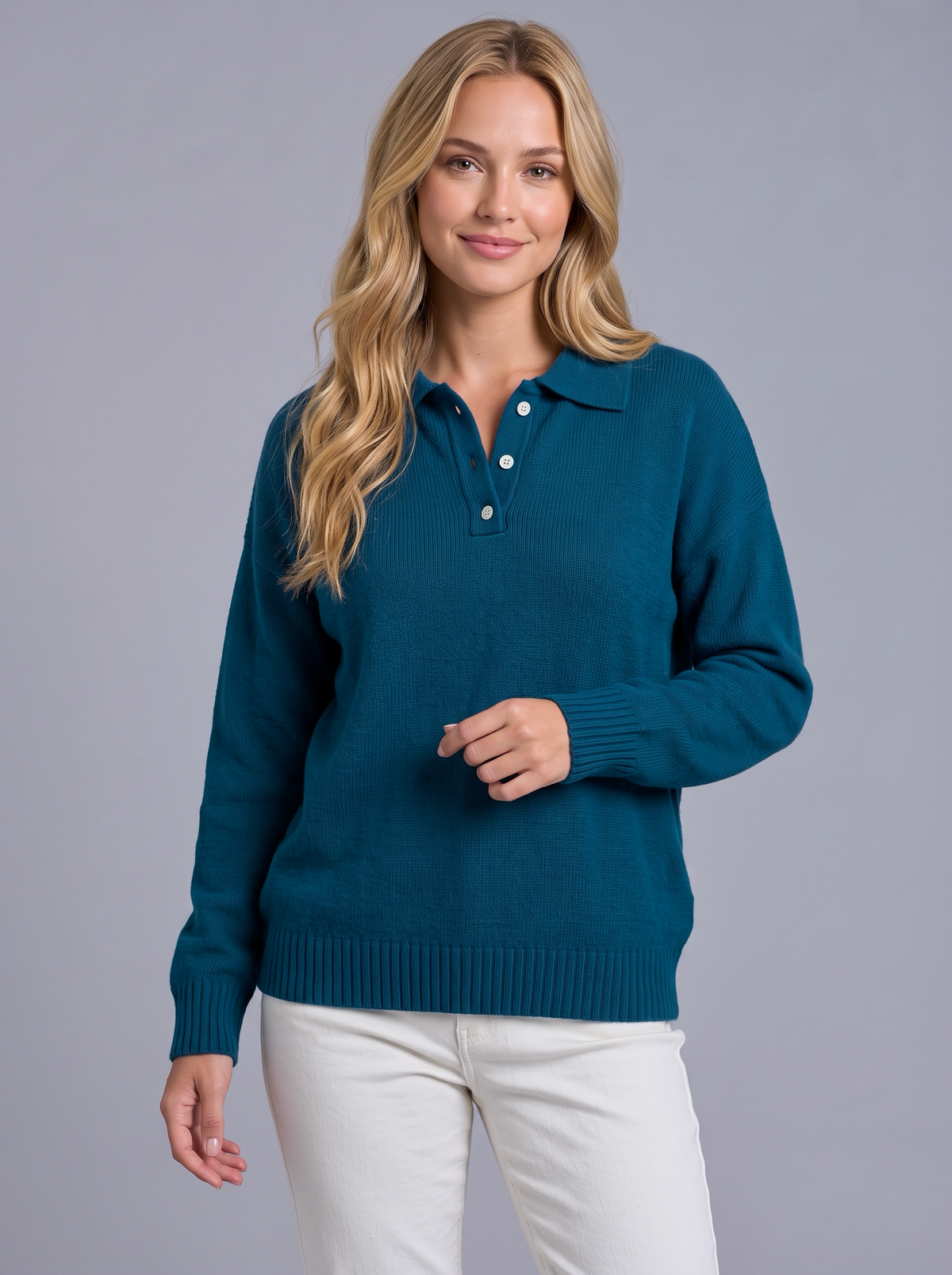Ava | Women’s Polo Collar Jumper | Button Neck Ribbed Cuffs Everyday Wear - dark blue, image 04 - Glorysoul