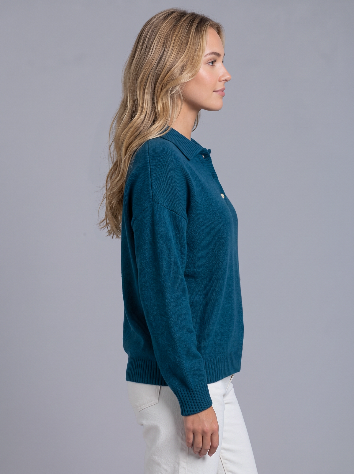 Ava | Women’s Polo Collar Jumper | Button Neck Ribbed Cuffs Everyday Wear - dark blue, image 05 - Glorysoul