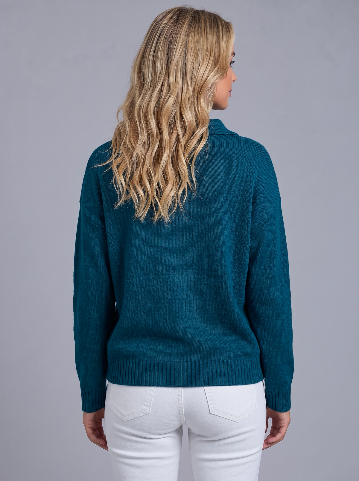 Ava | Women’s Polo Collar Jumper | Button Neck Ribbed Cuffs Everyday Wear - dark blue, image 06 - Glorysoul