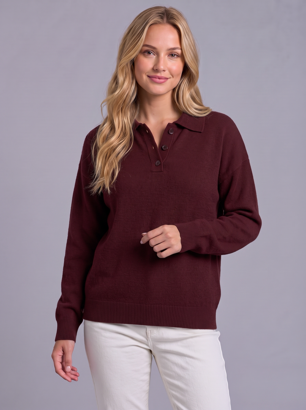 Ava | Women’s Polo Collar Jumper | Button Neck Ribbed Cuffs Everyday Wear - dark red, image 25 - Glorysoul