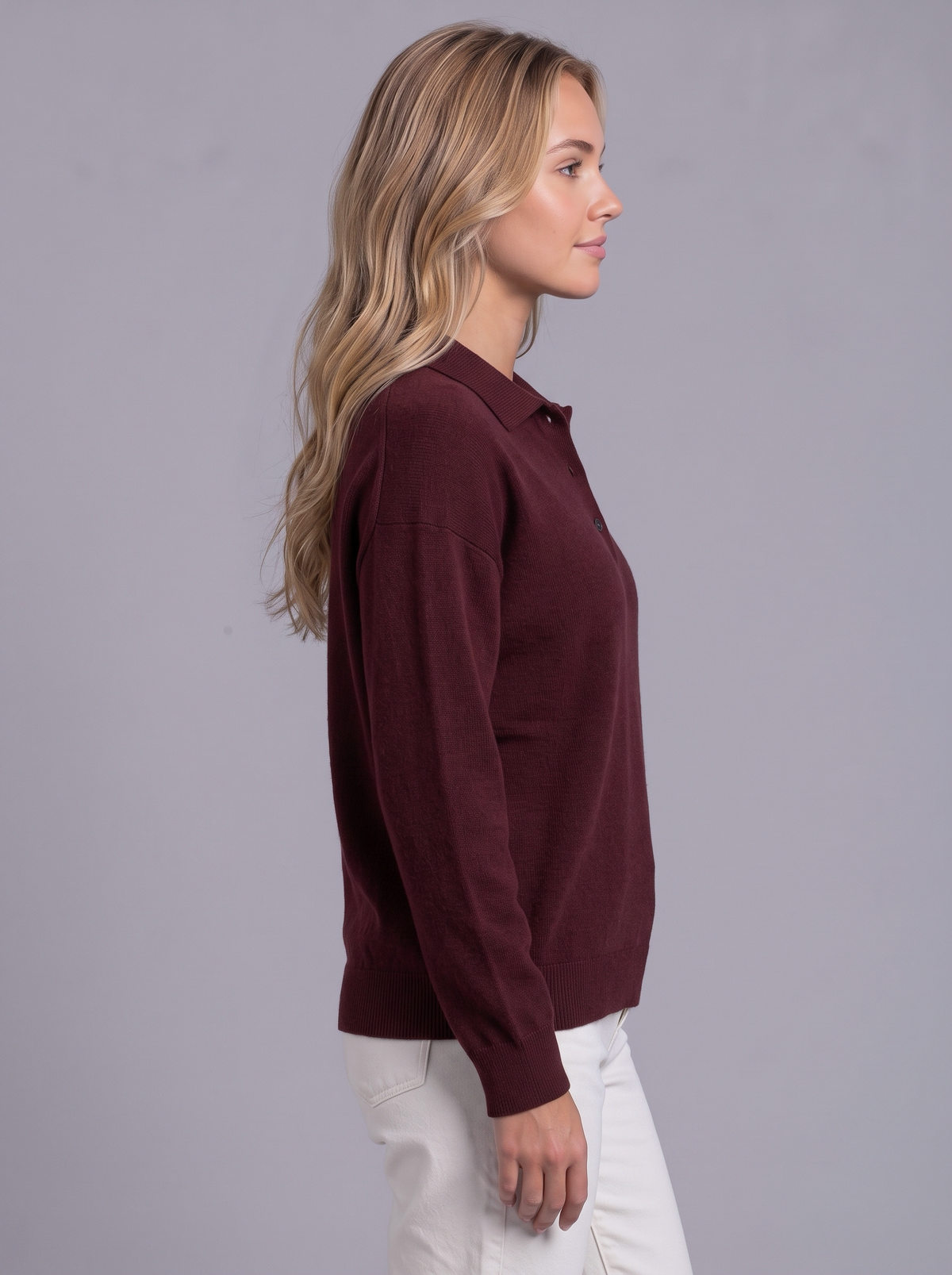 Ava | Women’s Polo Collar Jumper | Button Neck Ribbed Cuffs Everyday Wear - dark red, image 26 - Glorysoul