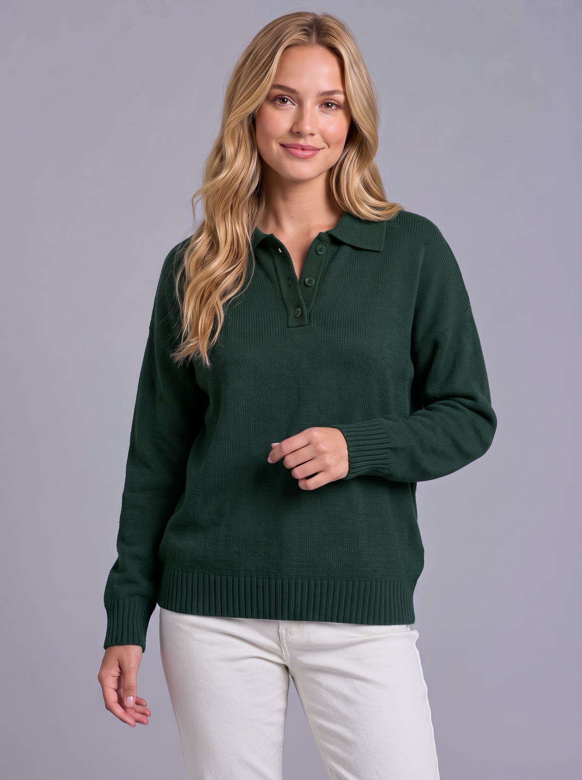 Ava | Women’s Polo Collar Jumper | Button Neck Ribbed Cuffs Everyday Wear - green, image 19 - Glorysoul