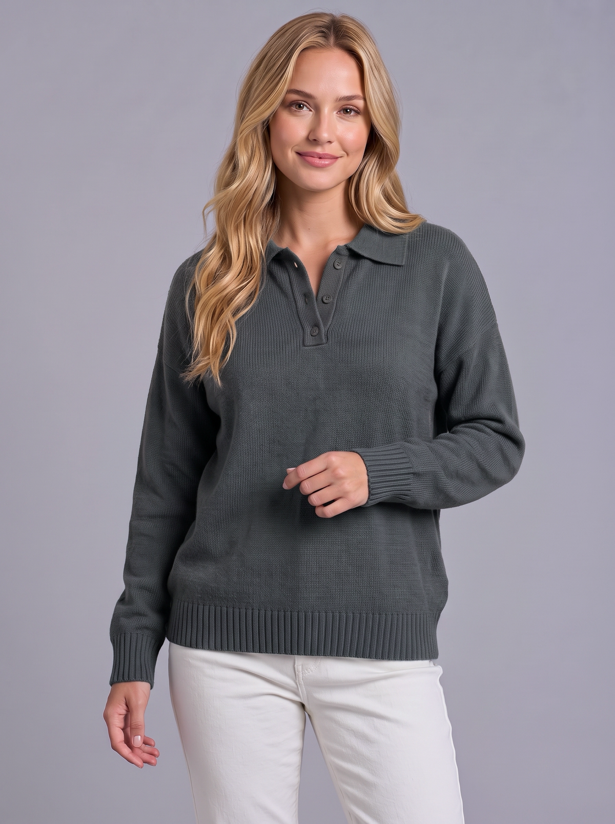 Ava | Women’s Polo Collar Jumper | Button Neck Ribbed Cuffs Everyday Wear - grey, image 22 - Glorysoul