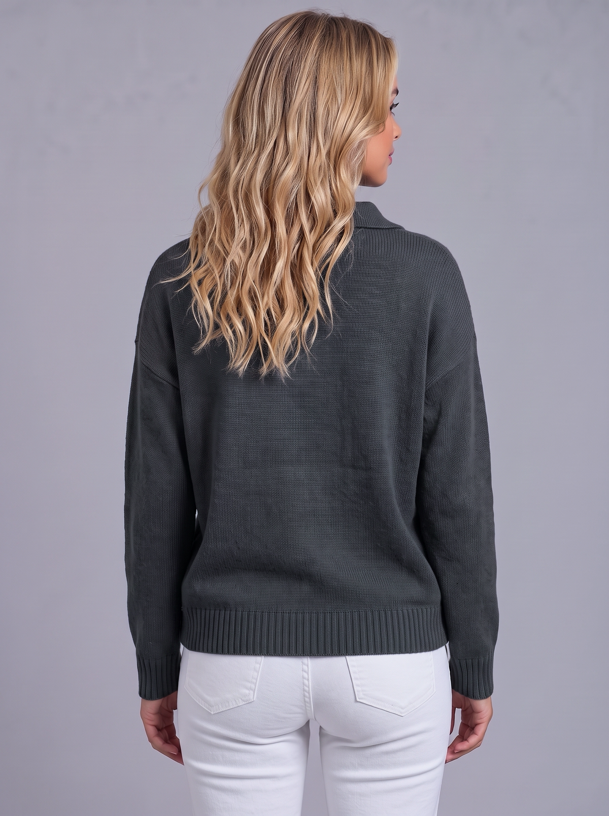 Ava | Women’s Polo Collar Jumper | Button Neck Ribbed Cuffs Everyday Wear - grey, image 24 - Glorysoul