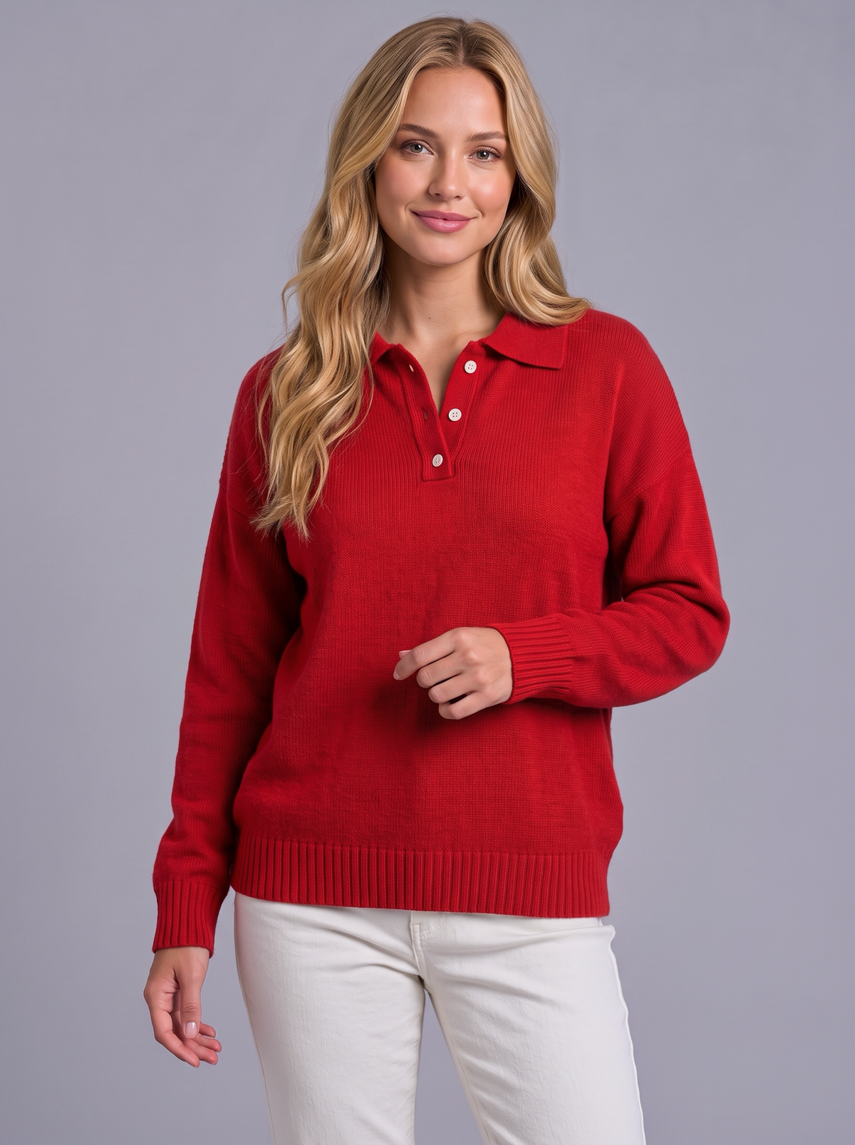 Ava | Women’s Polo Collar Jumper | Button Neck Ribbed Cuffs Everyday Wear - red, image 07 - Glorysoul