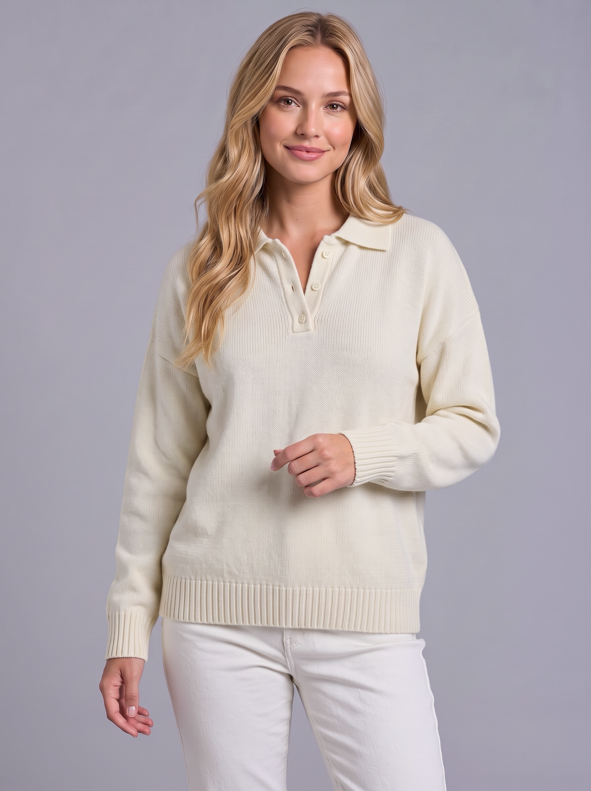 Ava | Women’s Polo Collar Jumper | Button Neck Ribbed Cuffs Everyday Wear - white, image 13 - Glorysoul