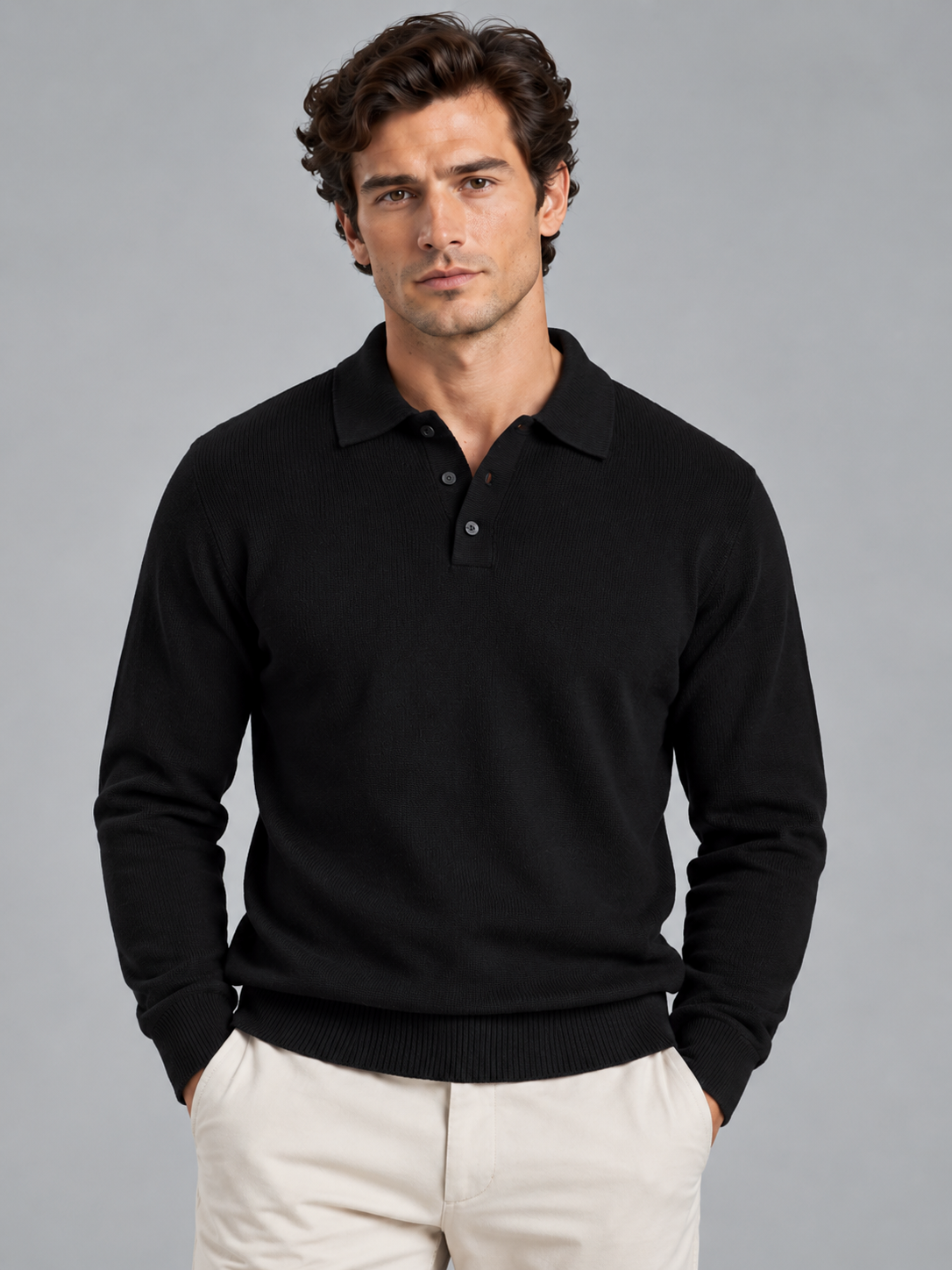 Benjamin | Men’s Polo Collar Jumper | Button Neck Long Sleeves Everyday Wear - black, image 01 - Glorysoul
