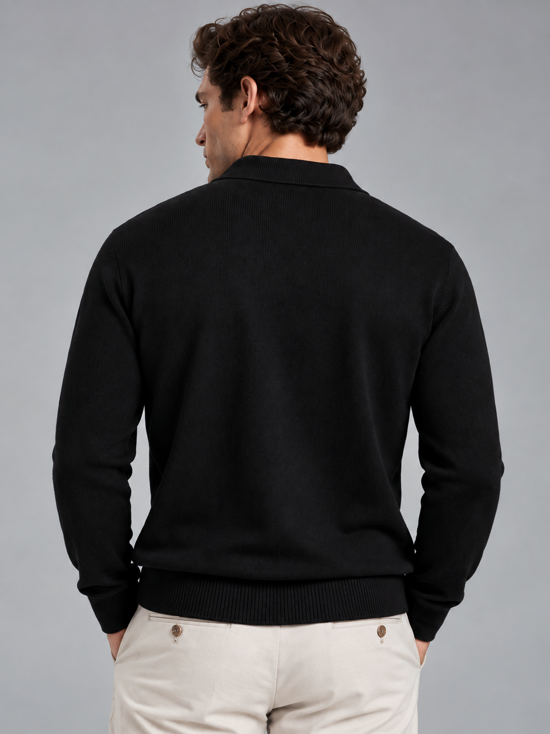 Benjamin | Men’s Polo Collar Jumper | Button Neck Long Sleeves Everyday Wear - black, image 02 - Glorysoul