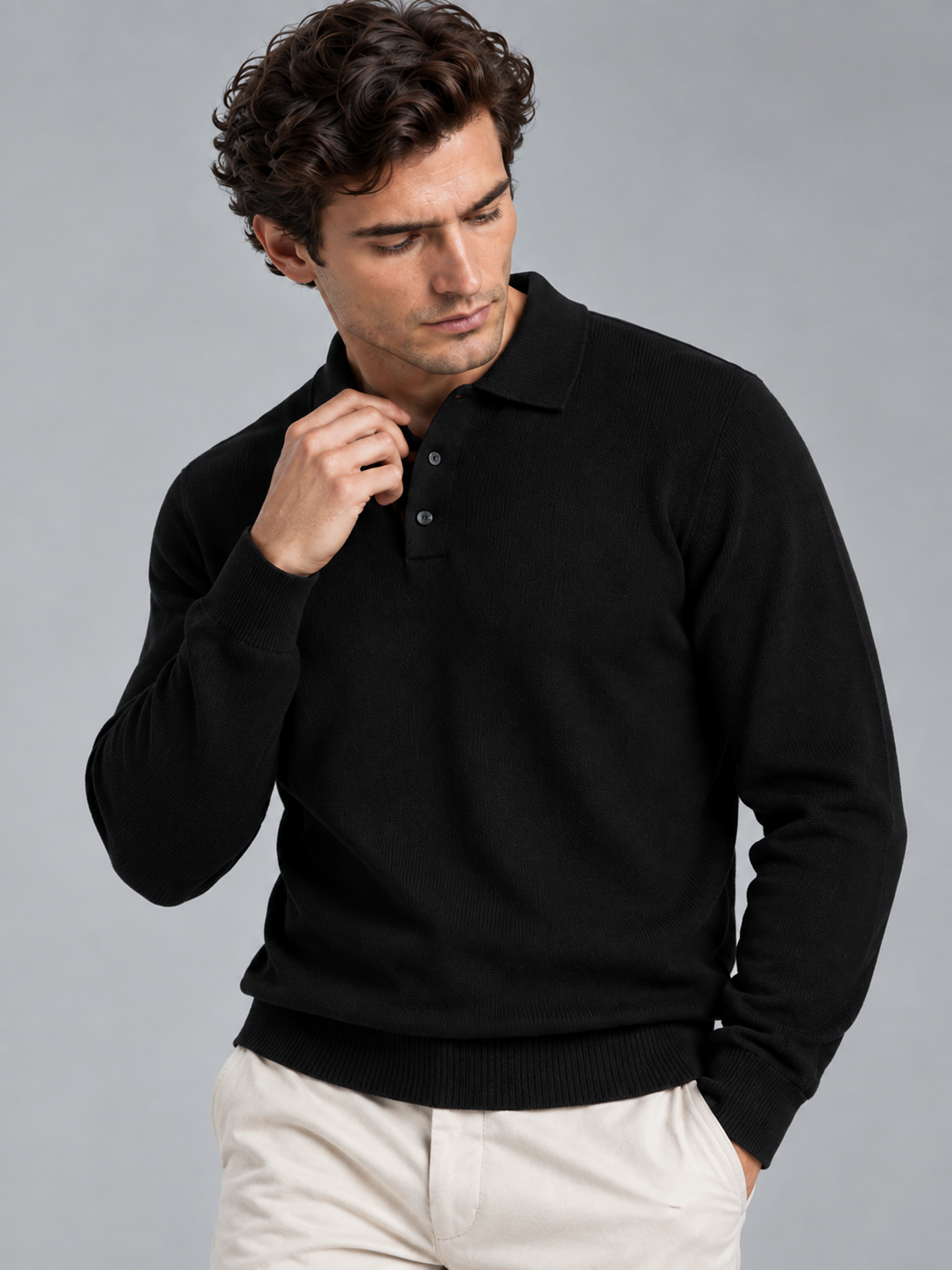 Benjamin | Men’s Polo Collar Jumper | Button Neck Long Sleeves Everyday Wear - black, image 03 - Glorysoul