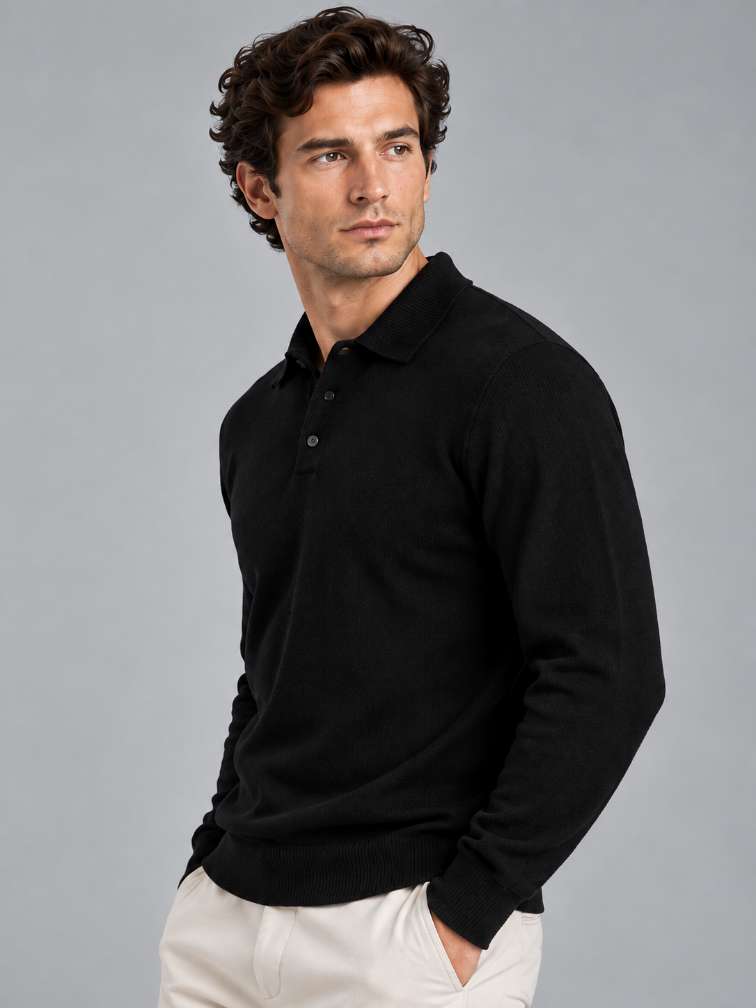 Benjamin | Men’s Polo Collar Jumper | Button Neck Long Sleeves Everyday Wear - black, image 04 - Glorysoul