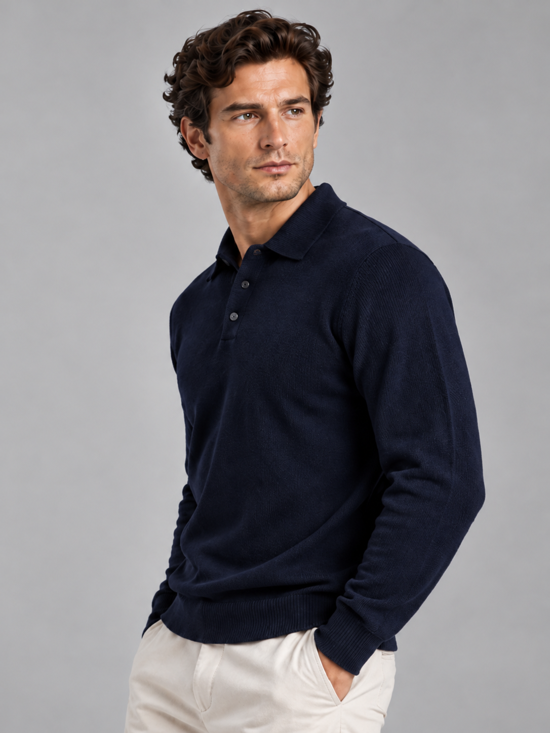 Benjamin | Men’s Polo Collar Jumper | Button Neck Long Sleeves Everyday Wear - navy, image 10 - Glorysoul
