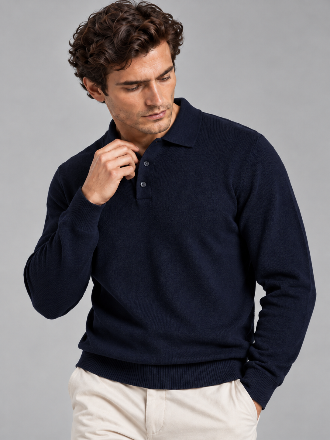Benjamin | Men’s Polo Collar Jumper | Button Neck Long Sleeves Everyday Wear - navy, image 11 - Glorysoul