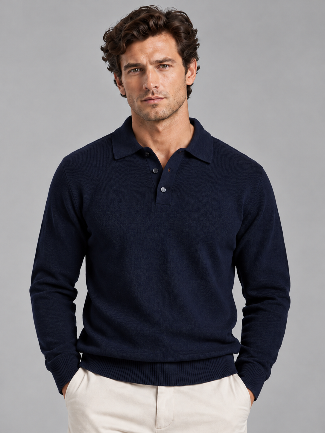 Benjamin | Men’s Polo Collar Jumper | Button Neck Long Sleeves Everyday Wear - navy, image 09 - Glorysoul